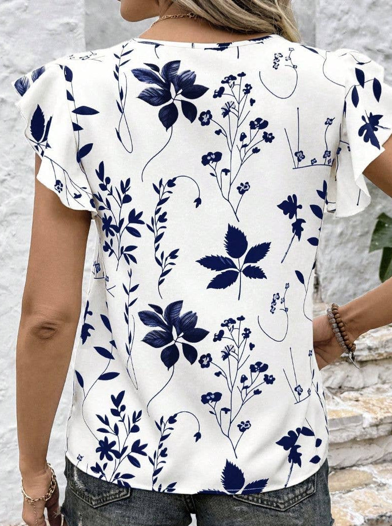 Floral Print Ruffle Sleeve Crew Neck Blouse Top