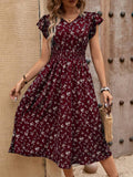 V-neck Waist Ruffle Sleeve Printed Dress