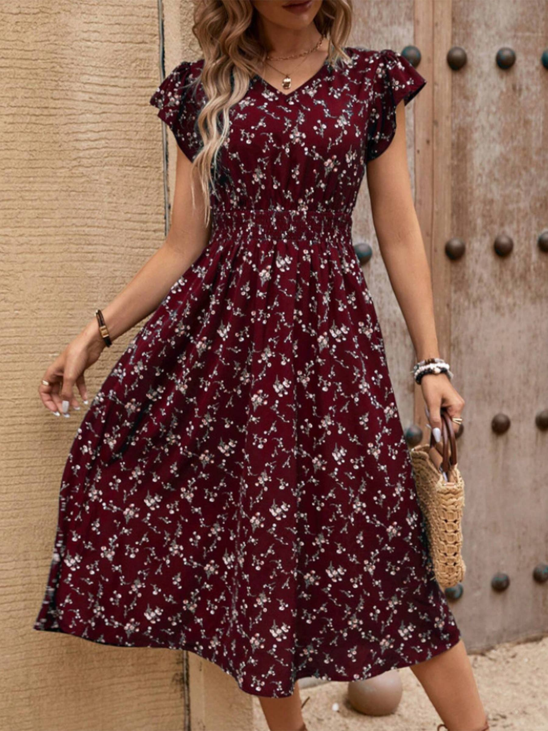 V-neck Waist Ruffle Sleeve Printed Dress