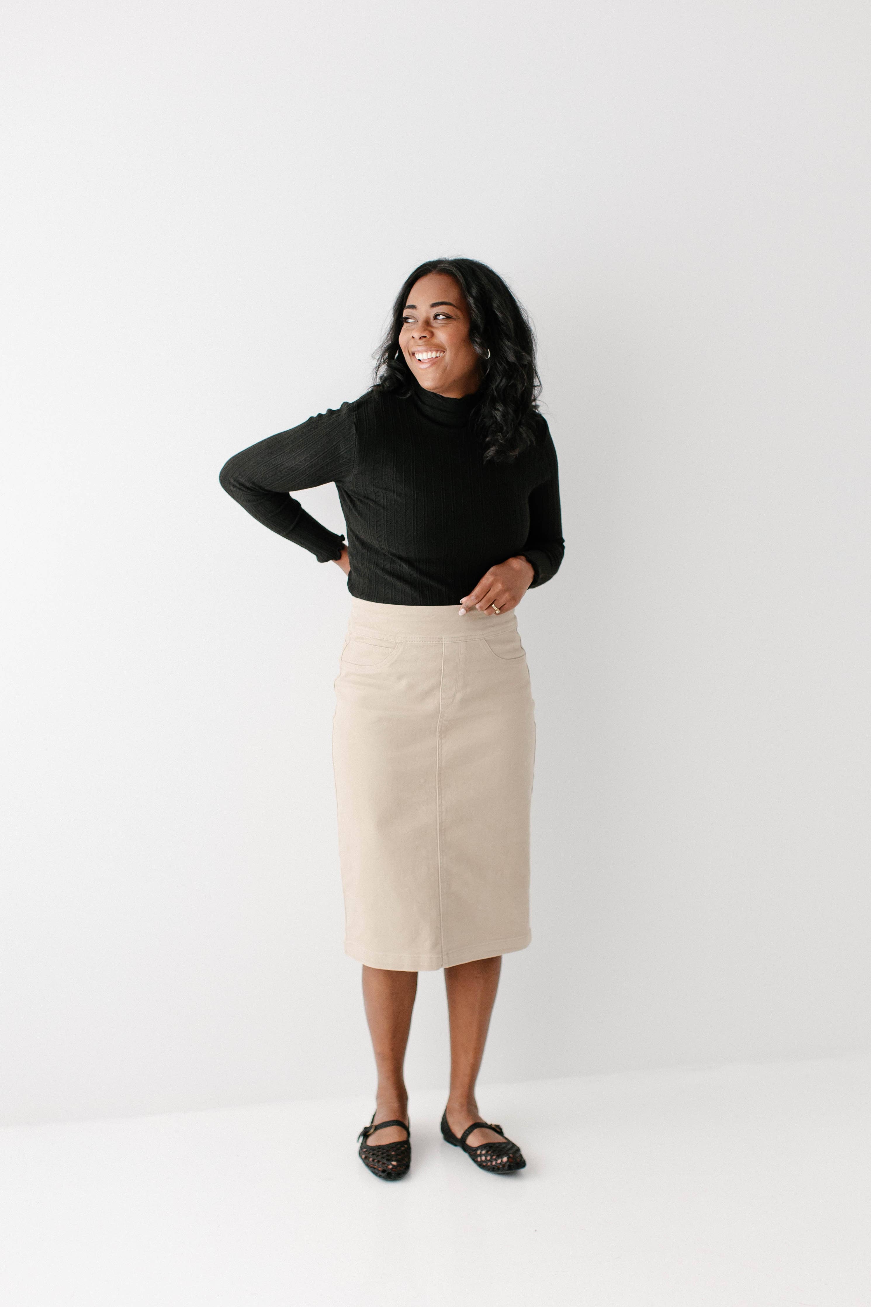 'Sara' Stretch Denim Skirt in Khaki