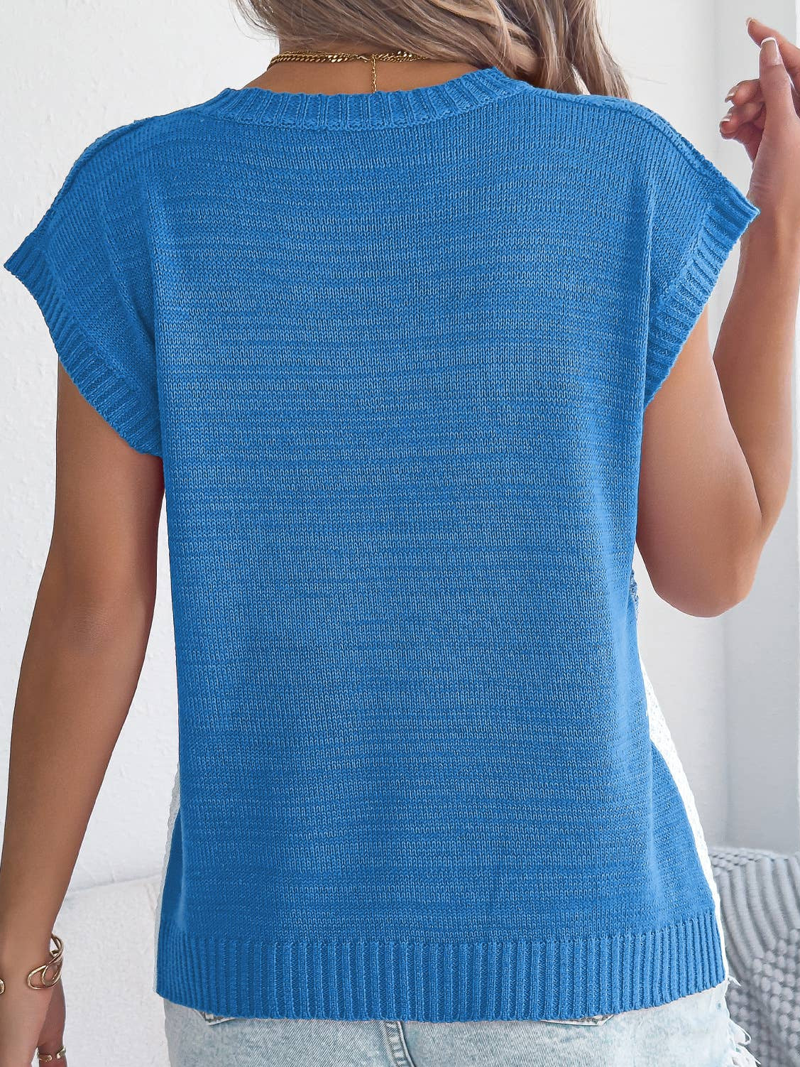 Color Block Cable Knit Short Sleeve Pullover Top
