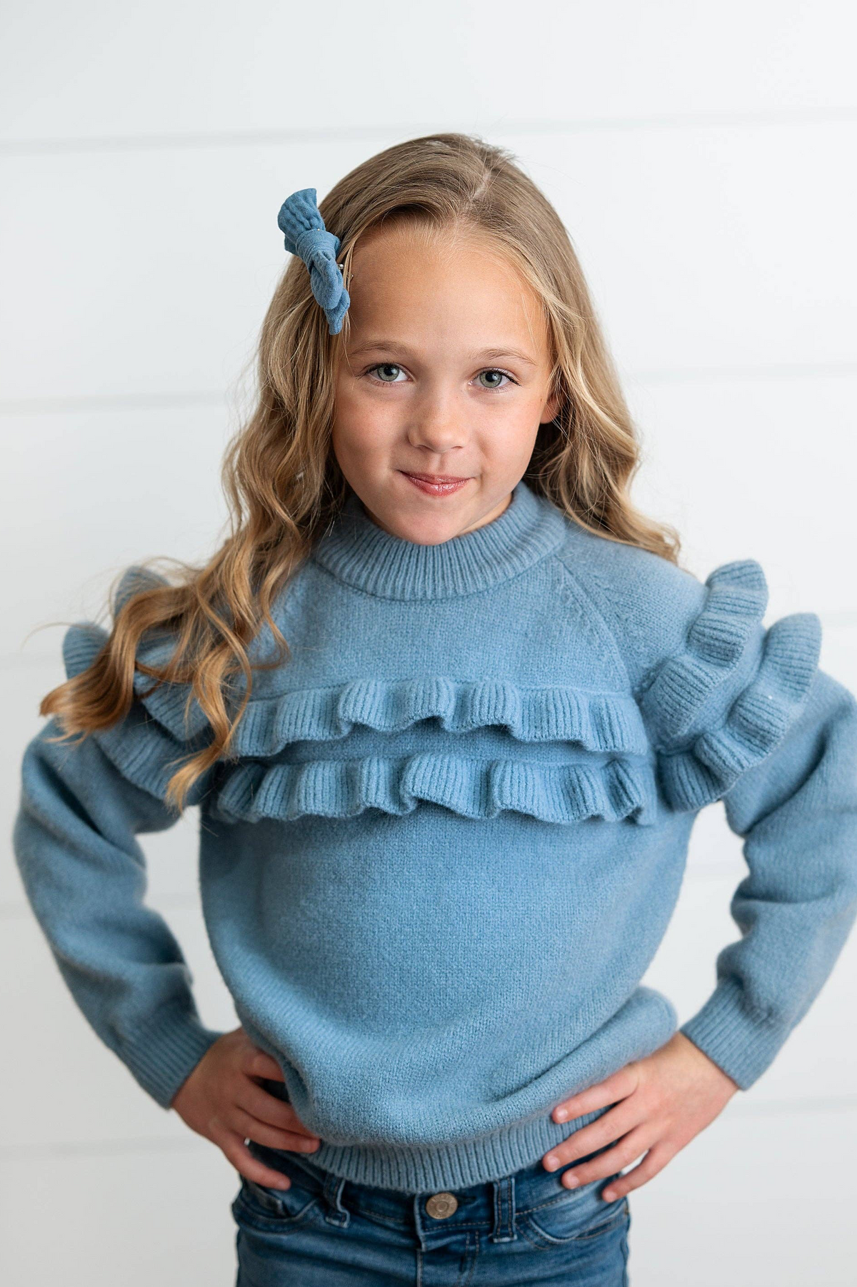 Kids Dusty Blue Double Ruffle Crew Neck Fall Winter Sweater