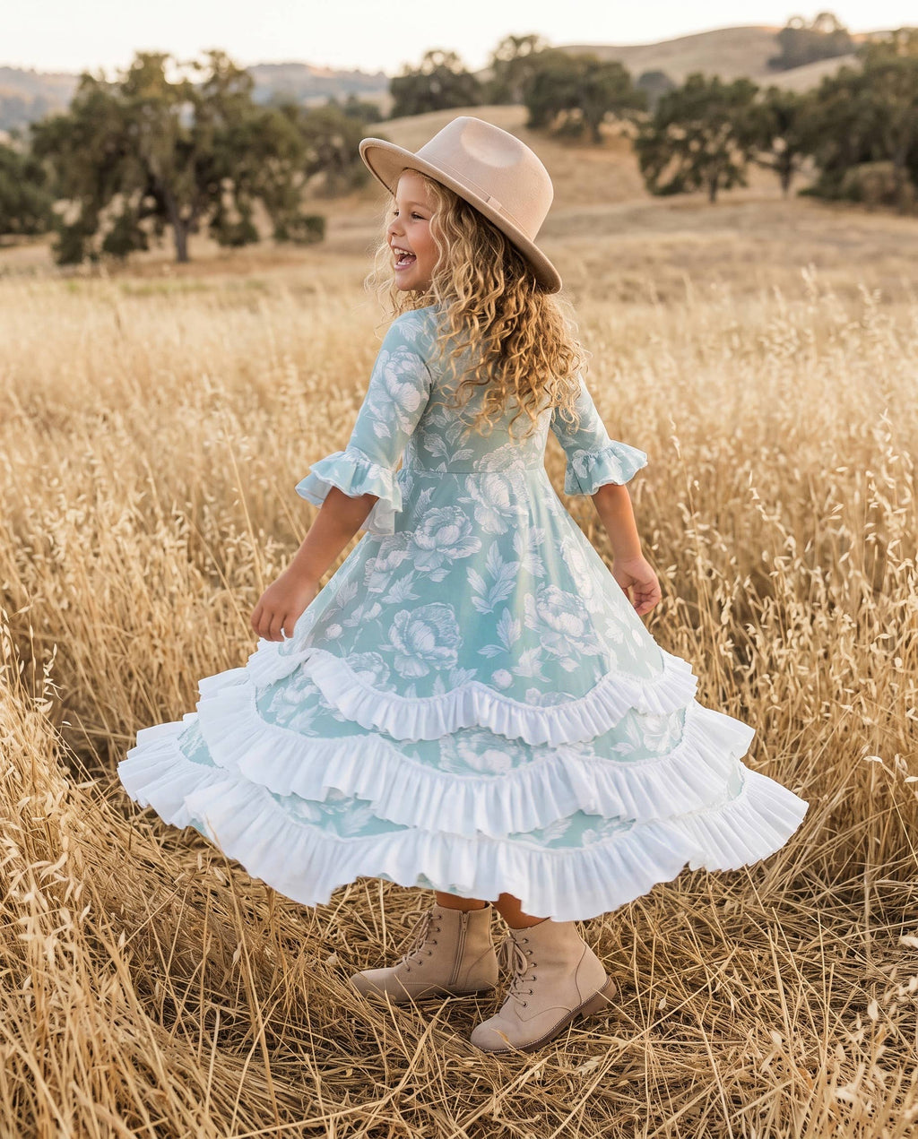 Girls Bella Soft Sage & Winter White Twirl Ruffles Dress