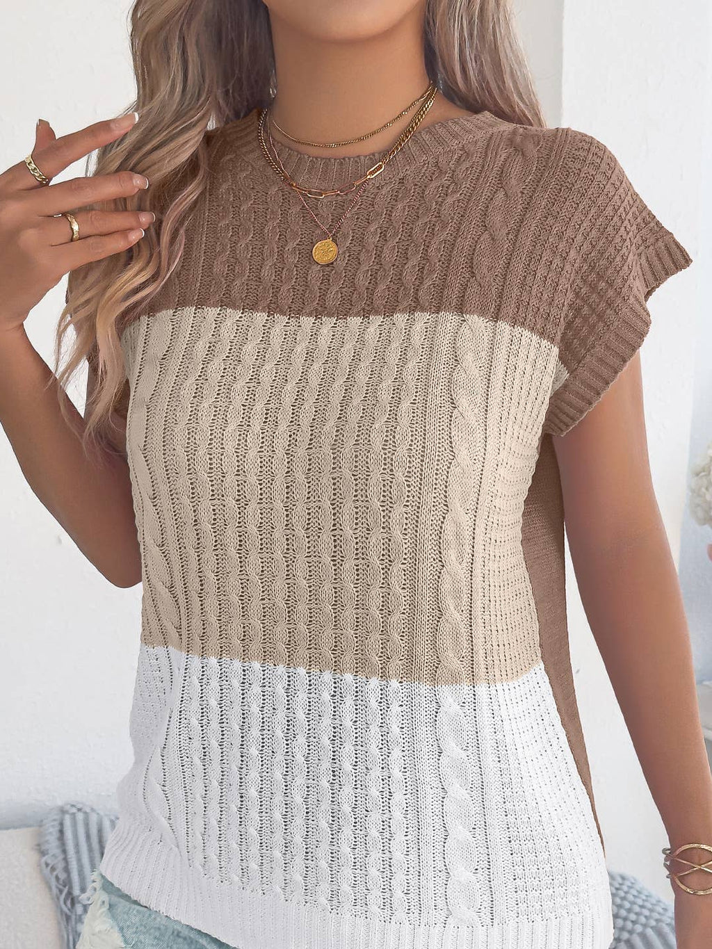 Color Block Cable Knit Short Sleeve Pullover Top