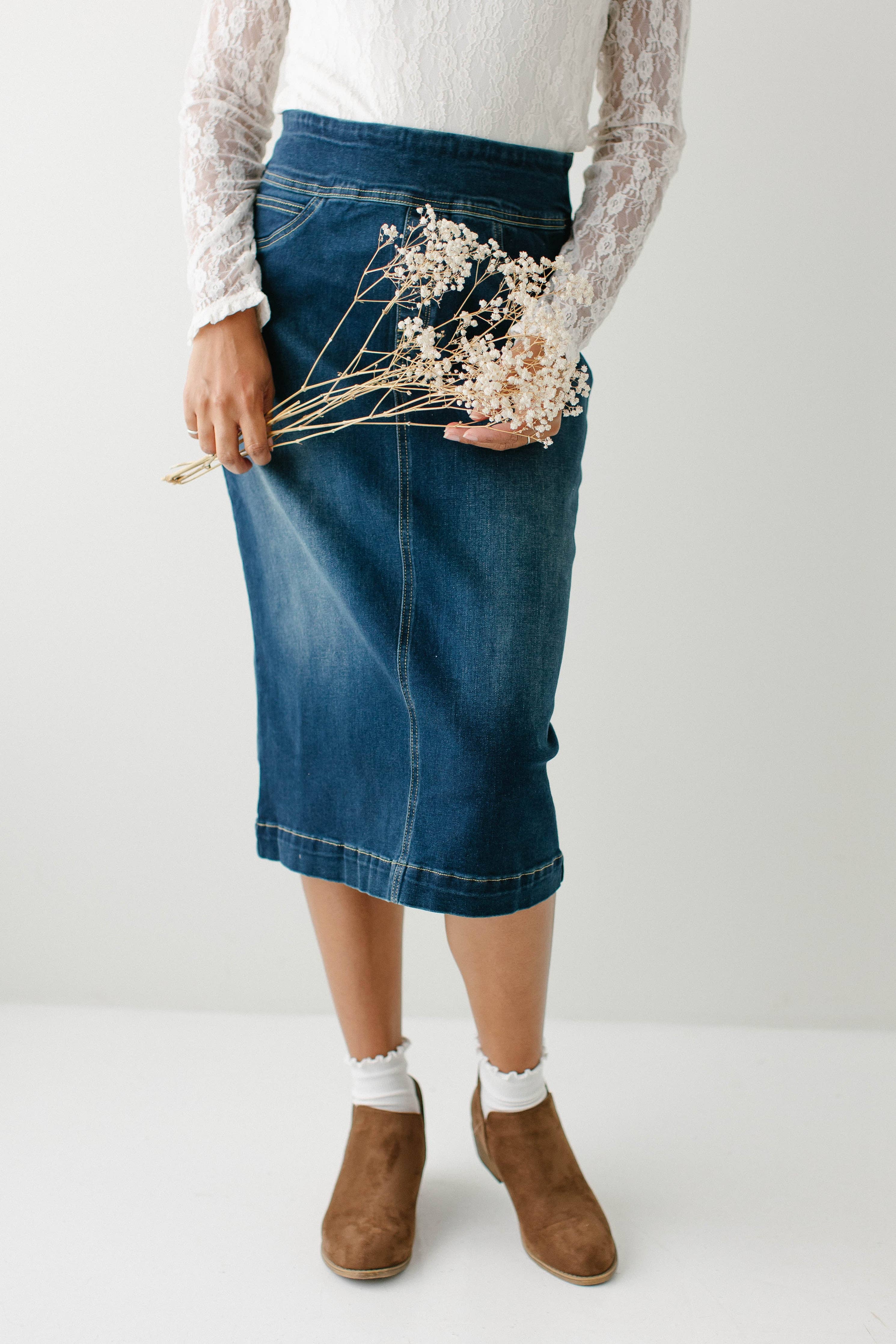 'Sara' Classic Knee Length Dark Denim Skirt
