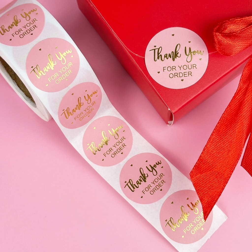 500pc, 1in Black Pink Circular Gold Heart THANK YOU Stickers