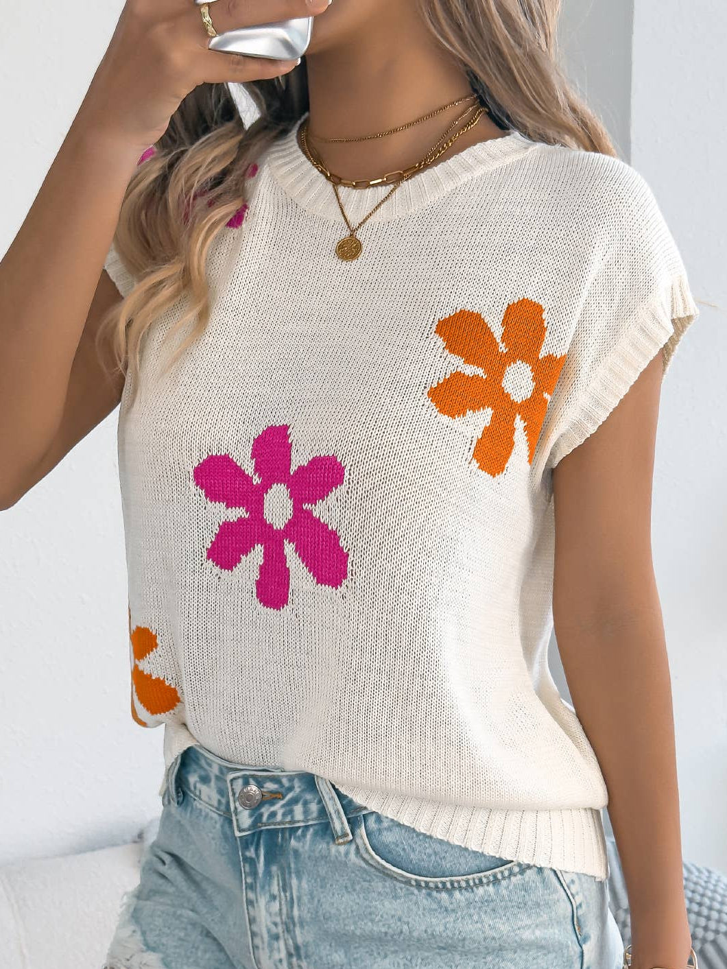 Floral Knit Sleeveless Sweater Top with Ribbed Trim