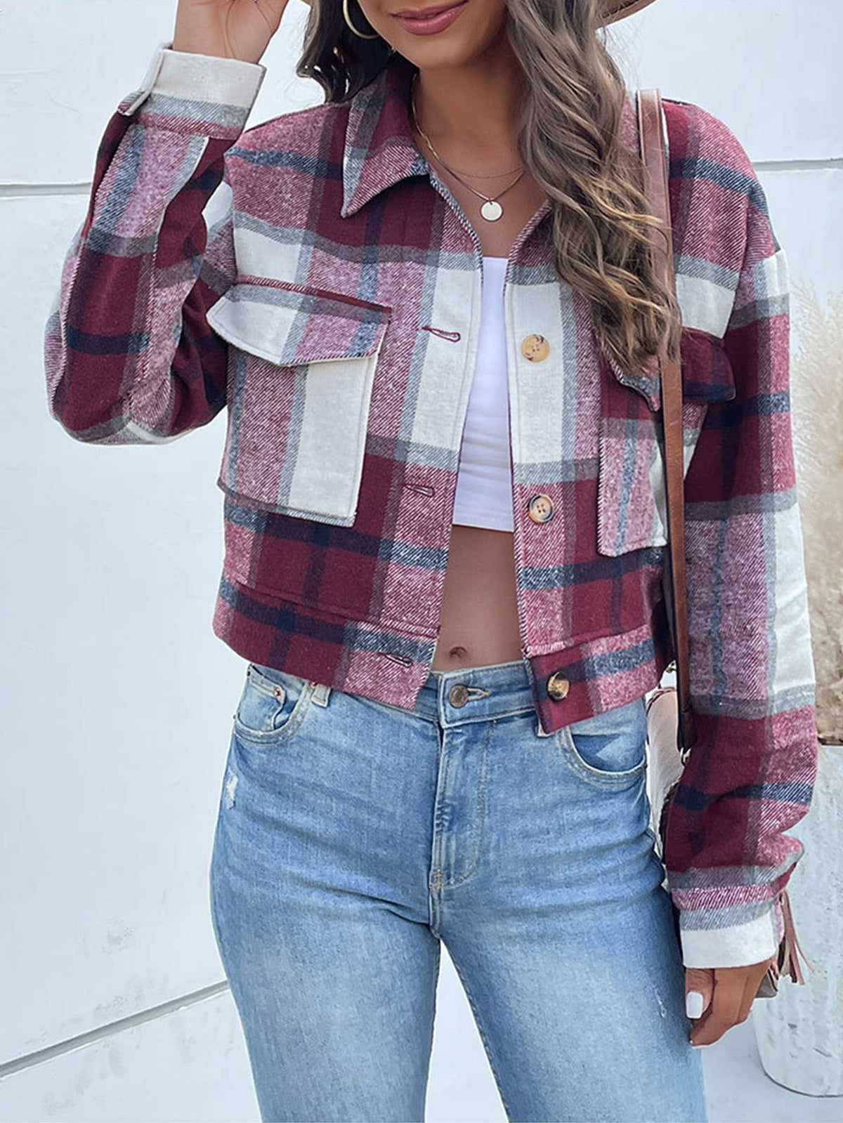 Short Plaid Lapel Jacket