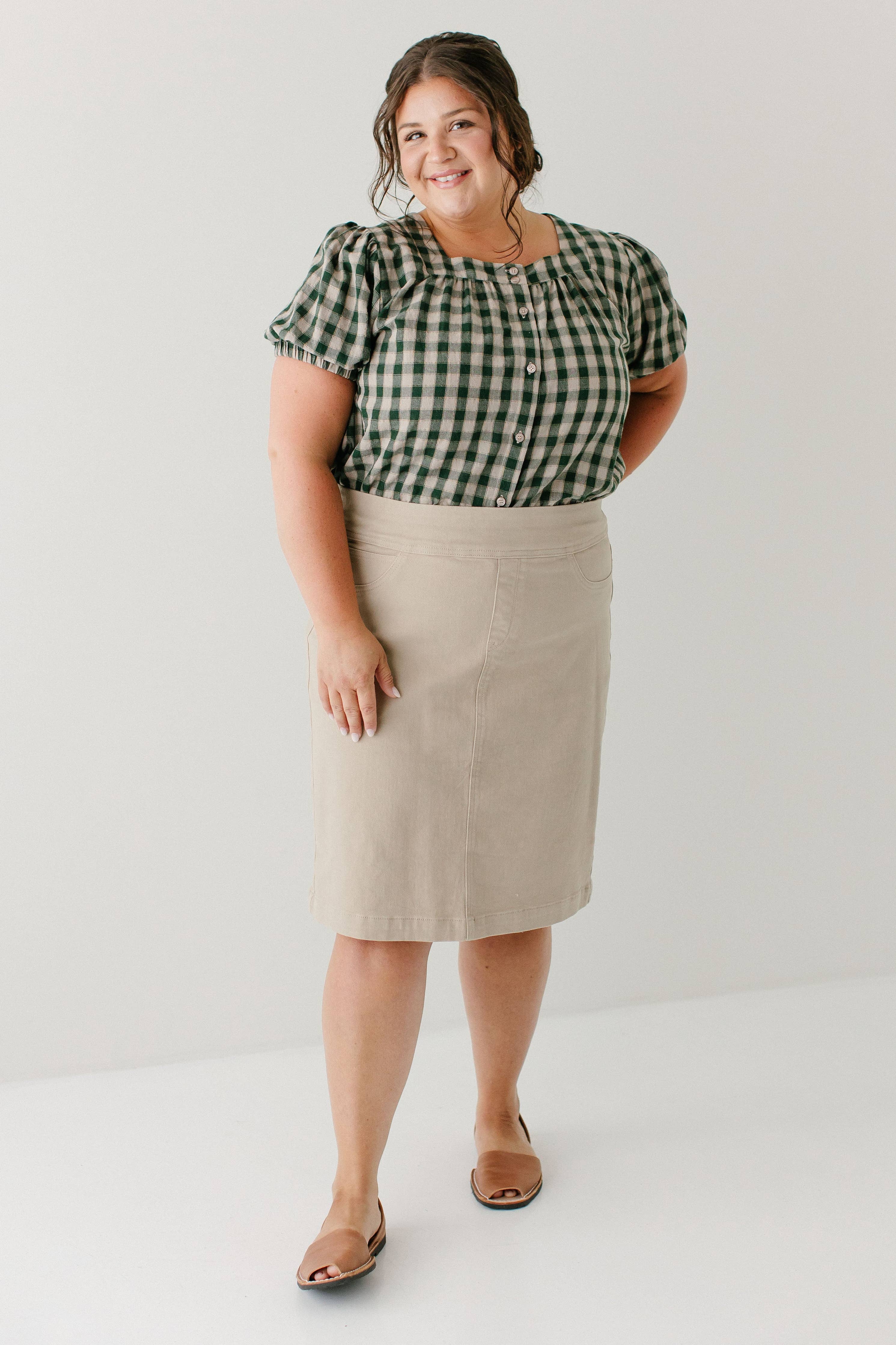 'Sara' Stretch Denim Skirt in Khaki