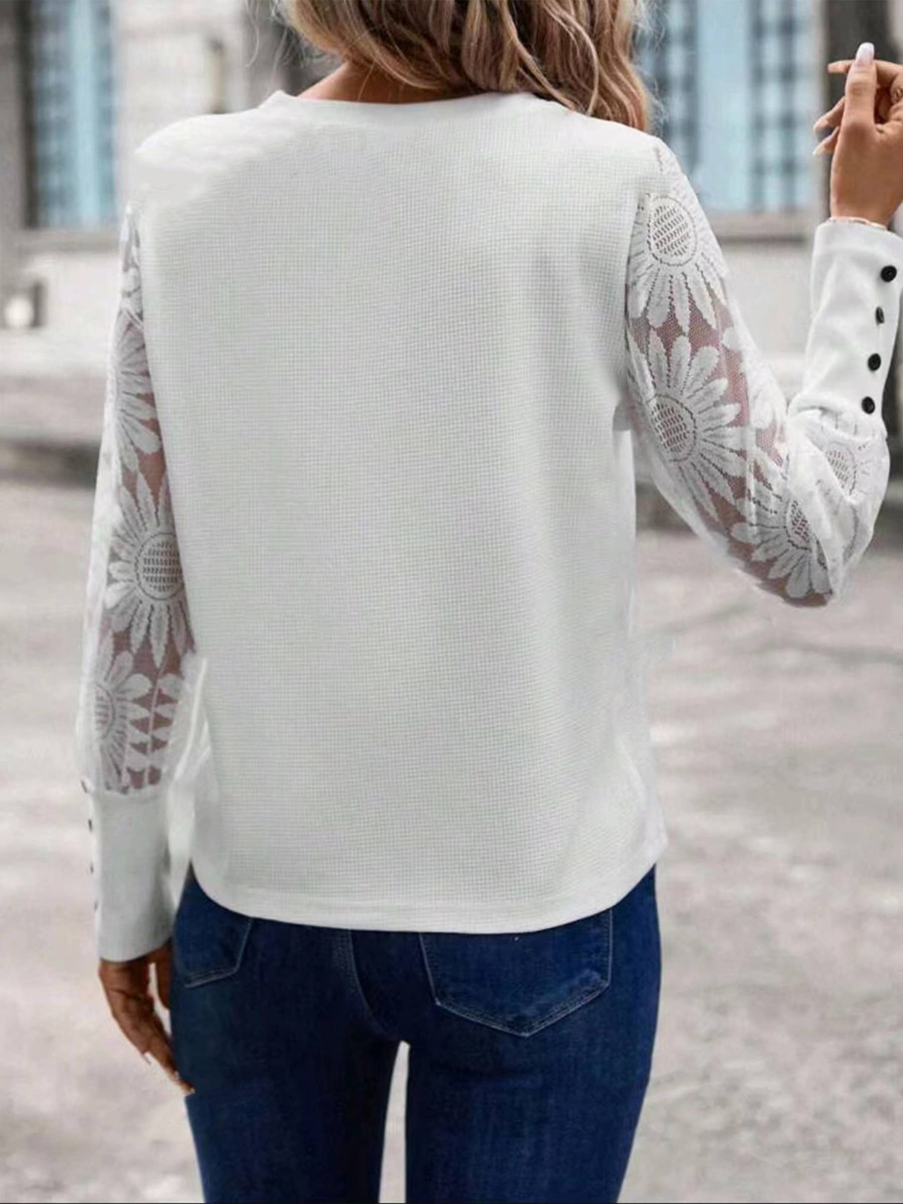 Waffle Button Patchwork Lace Top