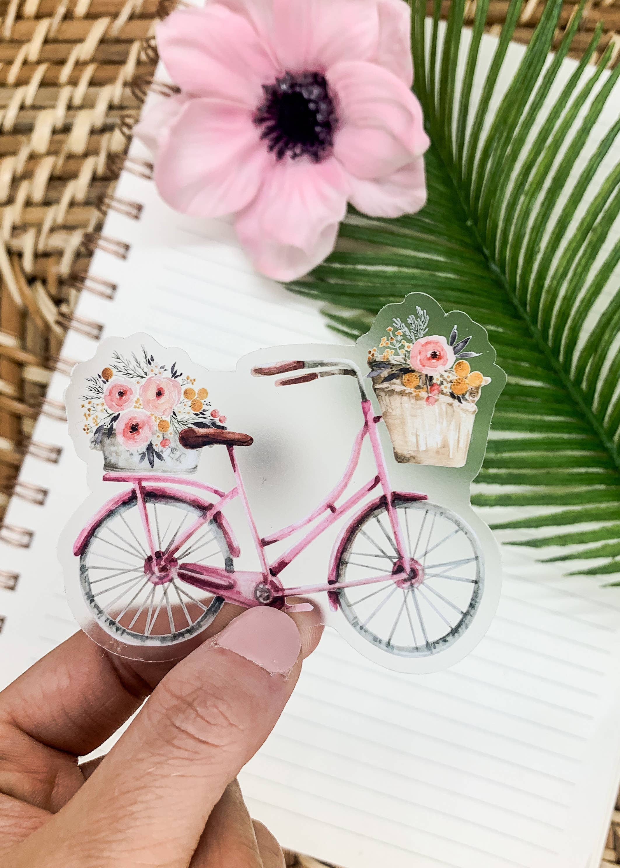 Pink Floral Bicycle, Clear Vinyl, Sticker, 3x3 inch