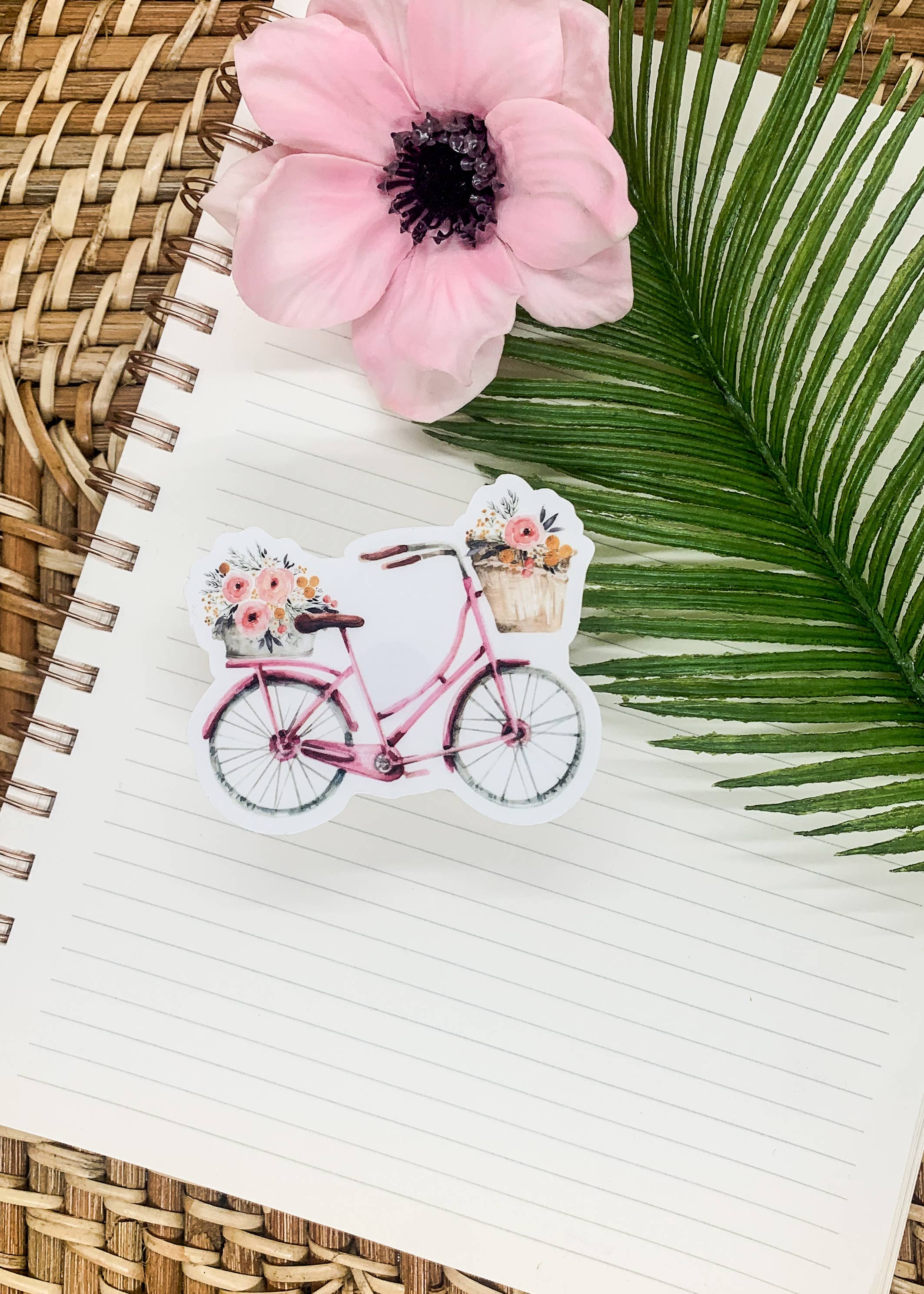 Pink Floral Bicycle, Clear Vinyl, Sticker, 3x3 inch