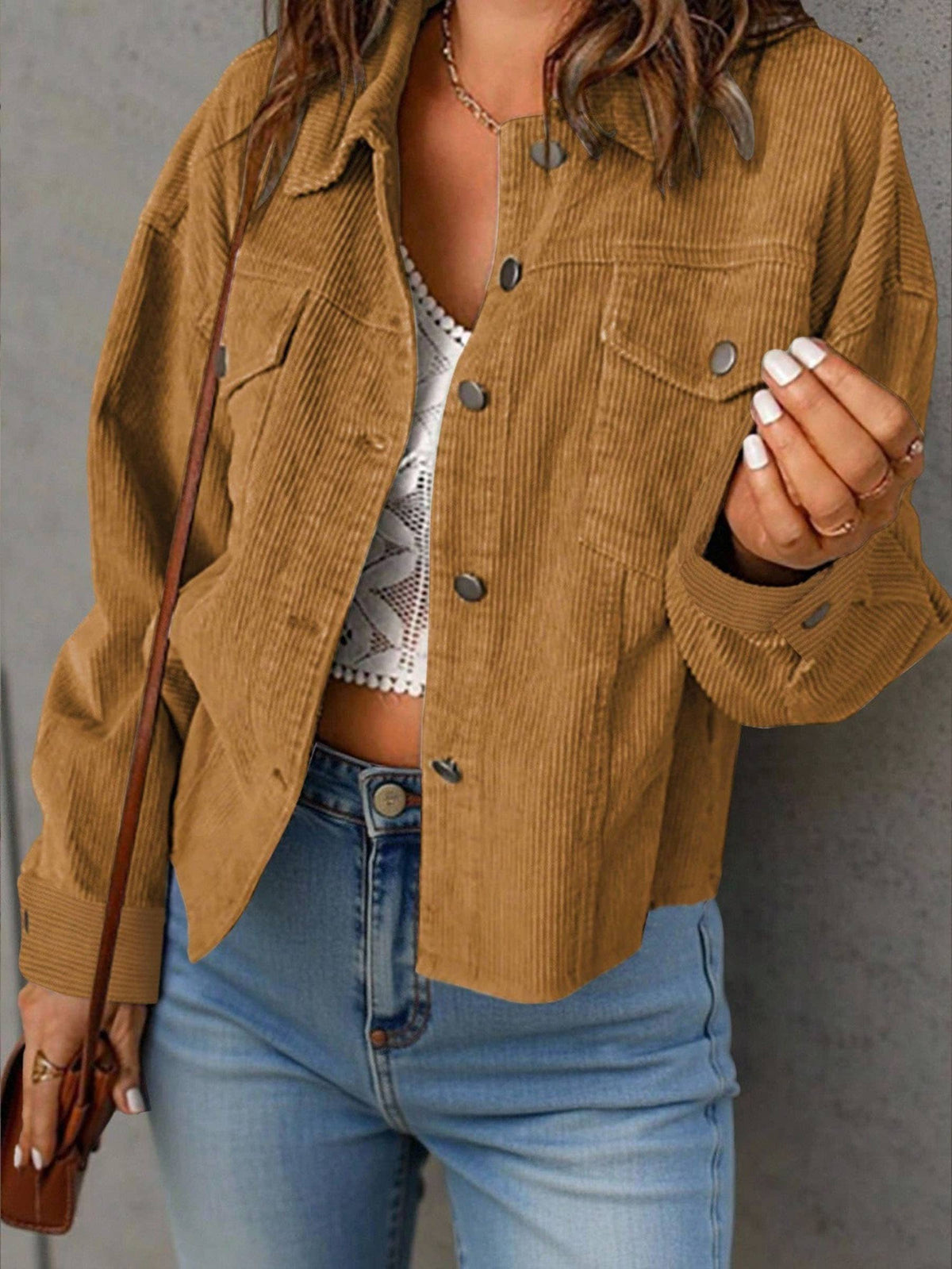 Women Solid Corduroy Loose Shirt With Pockets