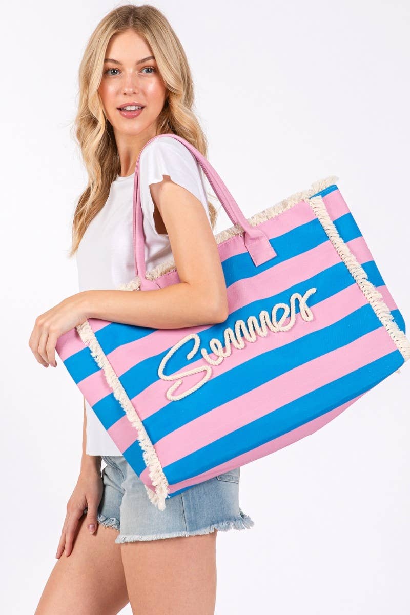 Striped Fringe Trim Summer Print Tote Bag