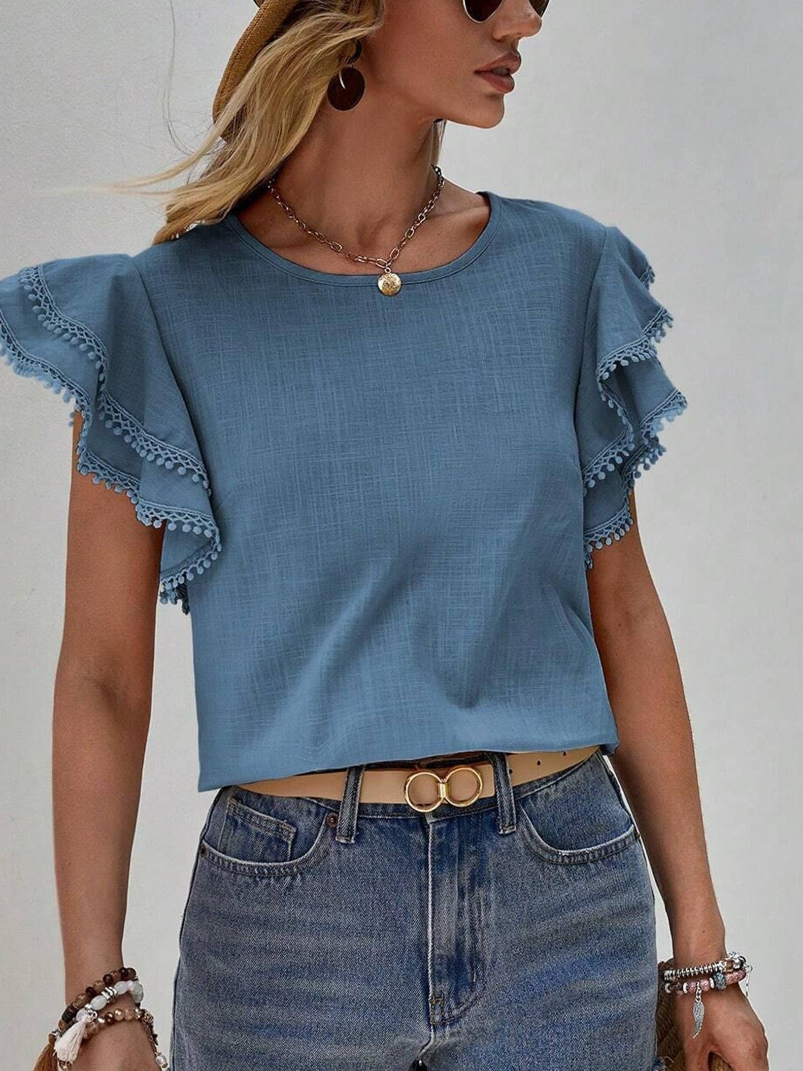 Round Neck Loose Ruffle Short Sleeved Top For Women