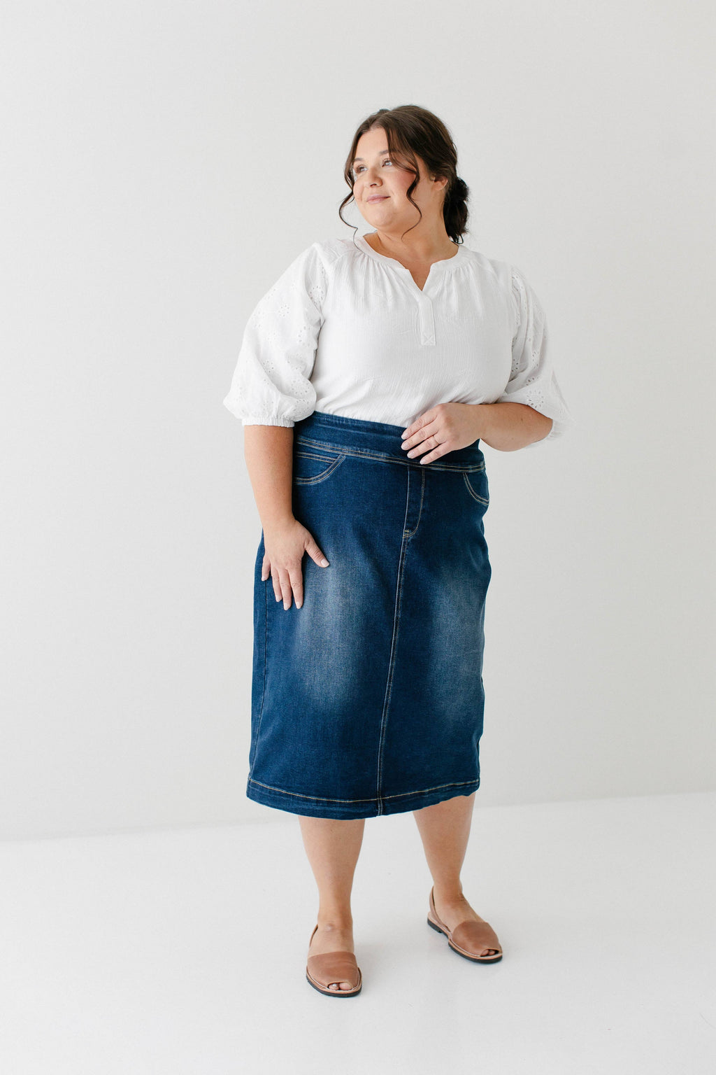 'Sara' Classic Knee Length Dark Denim Skirt