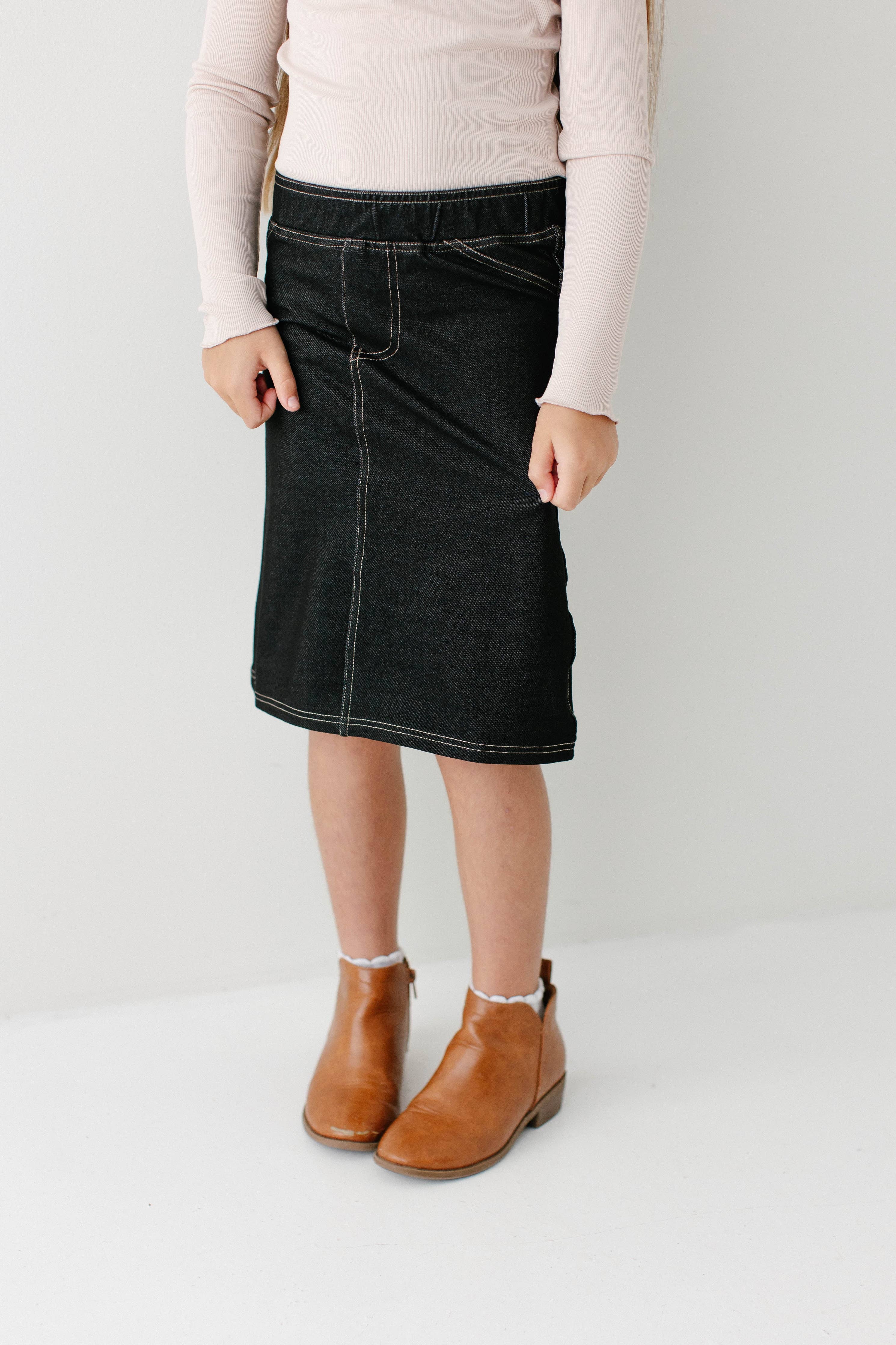'Piper' Girl Knit Denim Skirt in Black