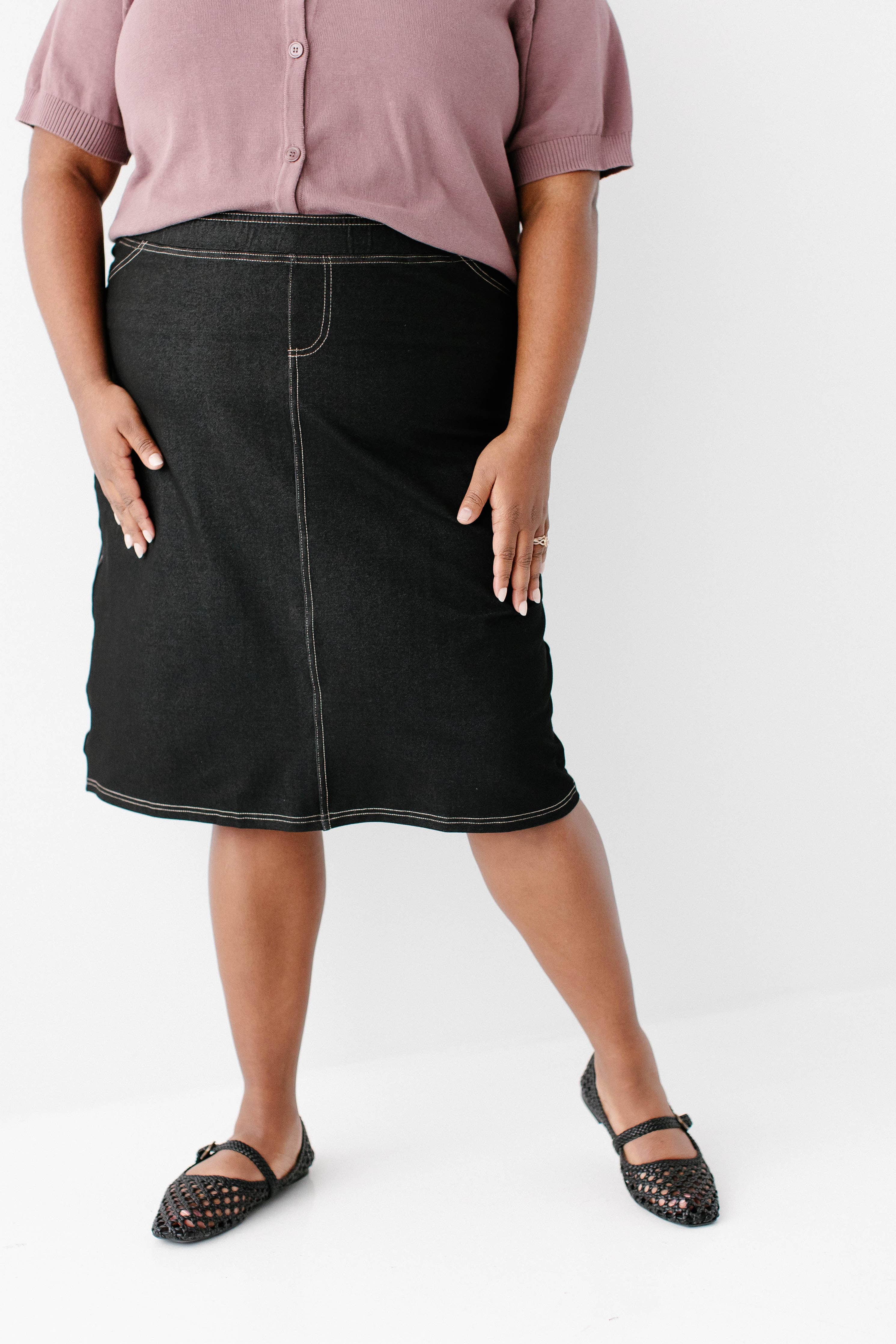 'Piper' Knee Length Knit Denim Skirt