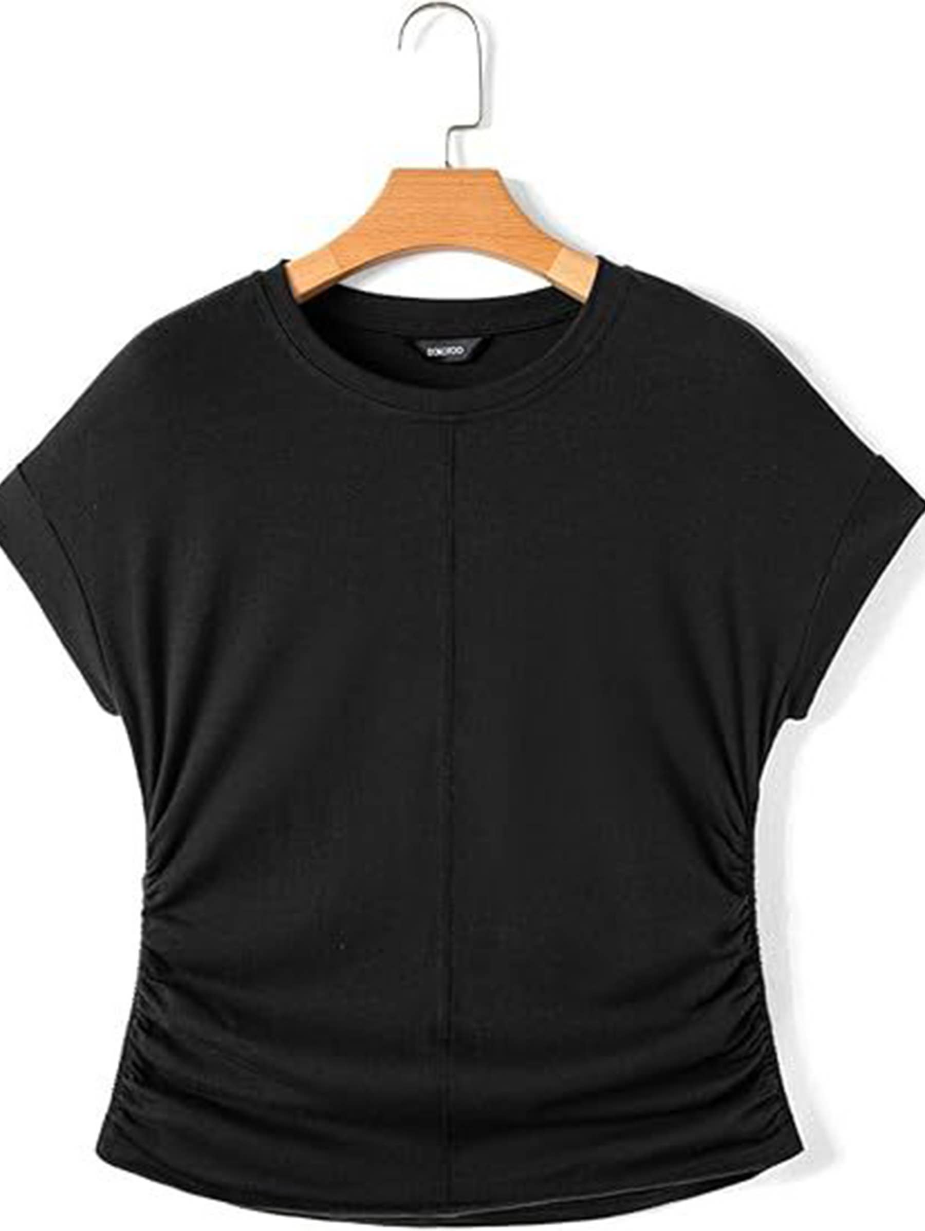 Solid Color Pleated Short Sleeved Top