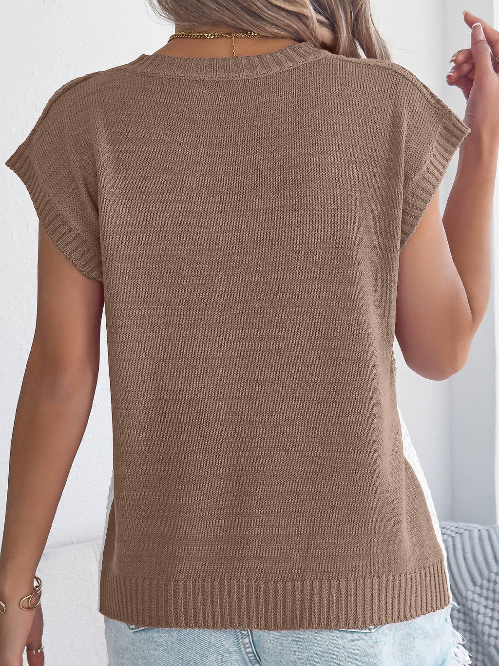 Color Block Cable Knit Short Sleeve Pullover Top