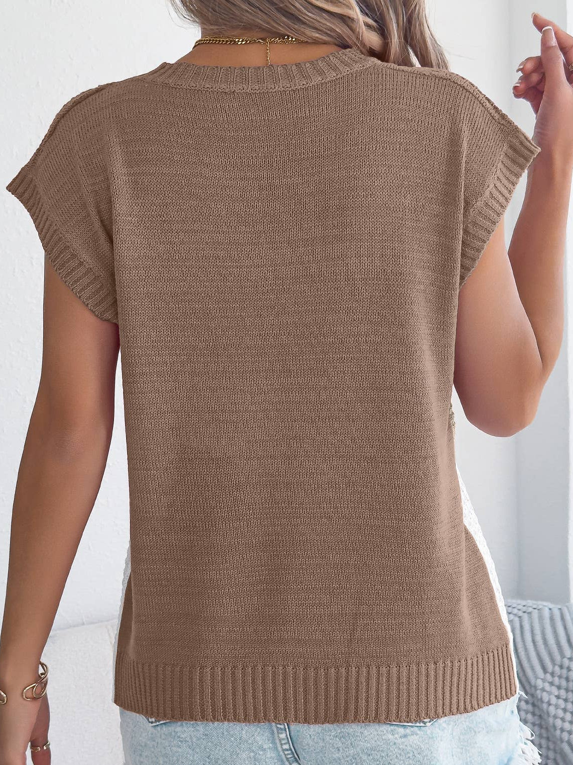 Color Block Cable Knit Short Sleeve Pullover Top