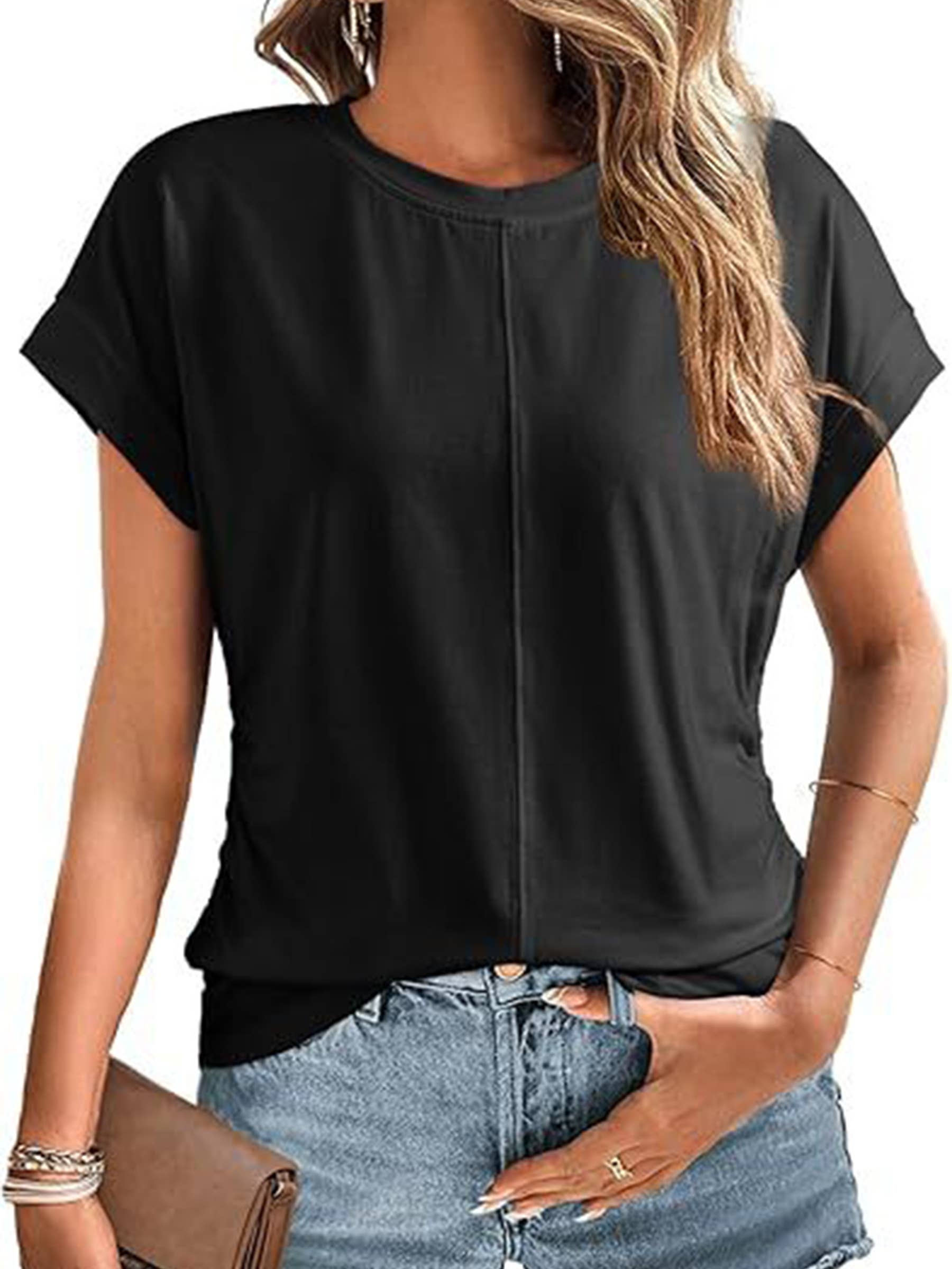 Solid Color Pleated Short Sleeved Top