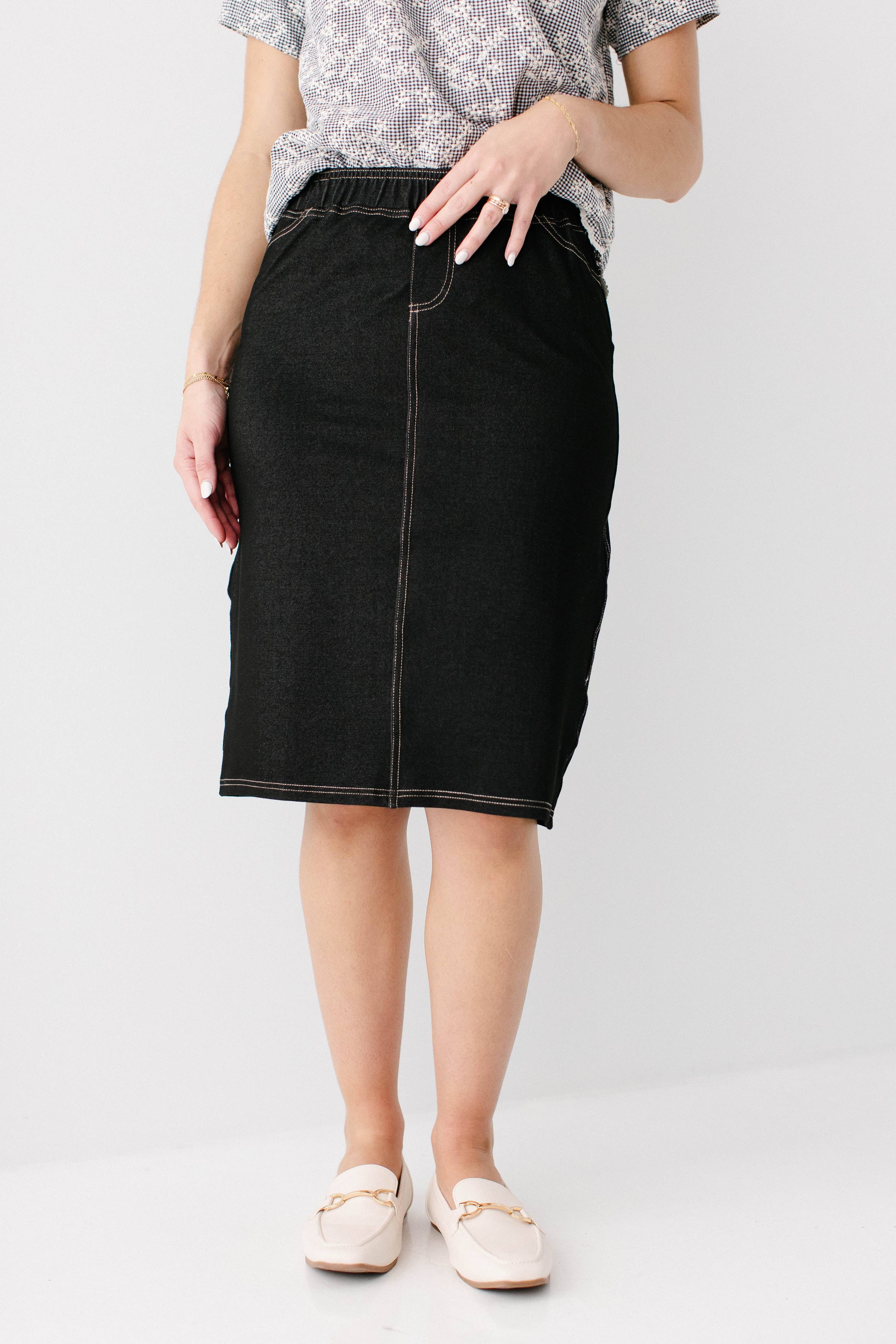 'Piper' Knee Length Knit Denim Skirt