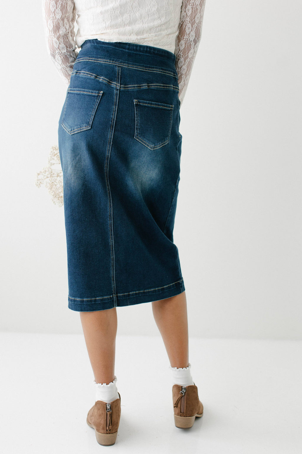 'Sara' Classic Knee Length Dark Denim Skirt