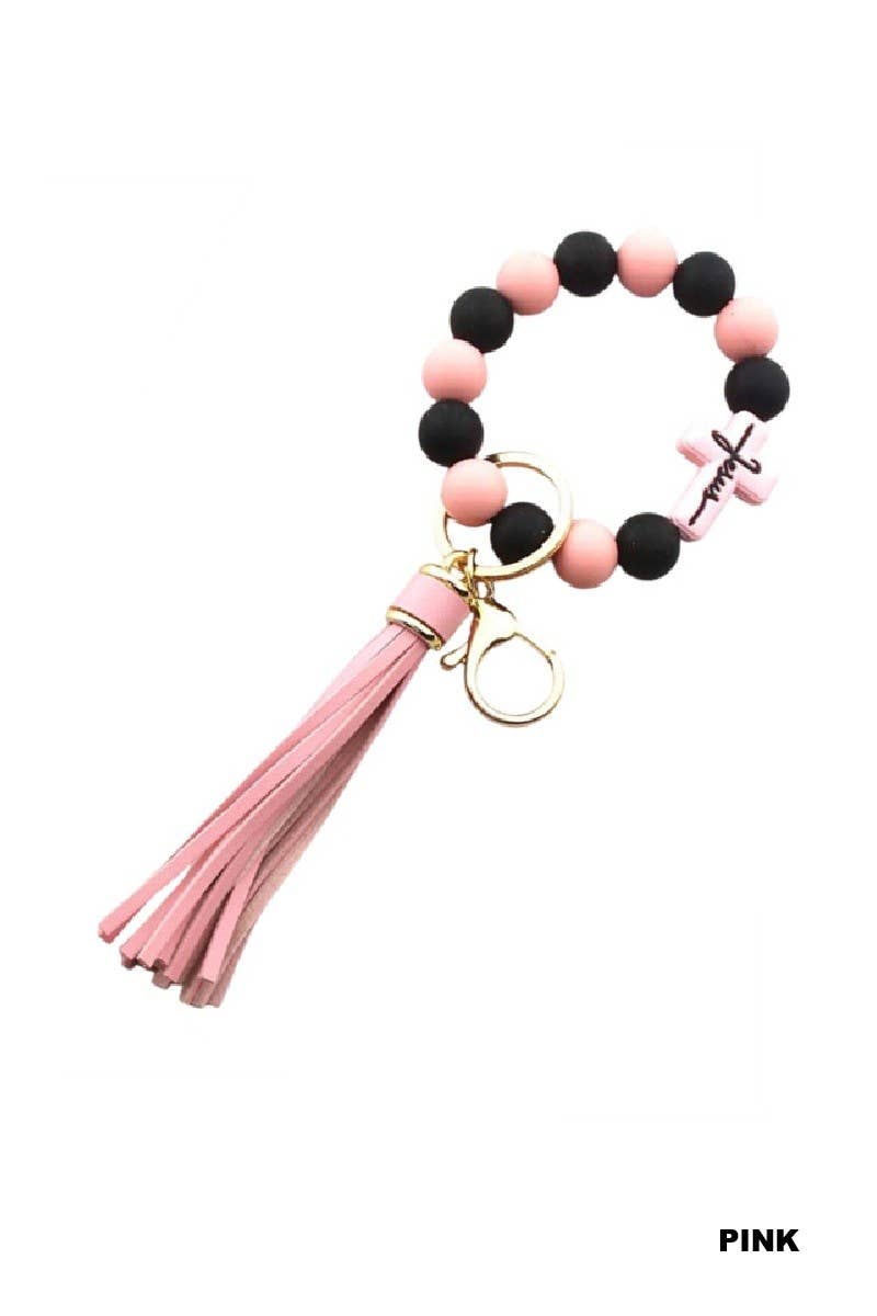 Jesus Cross Silicone Beaded Wristlet Keychain