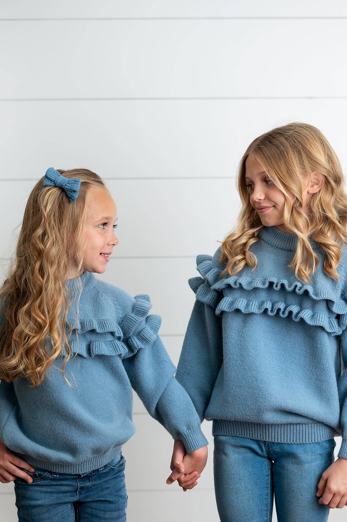 Kids Dusty Blue Double Ruffle Crew Neck Fall Winter Sweater