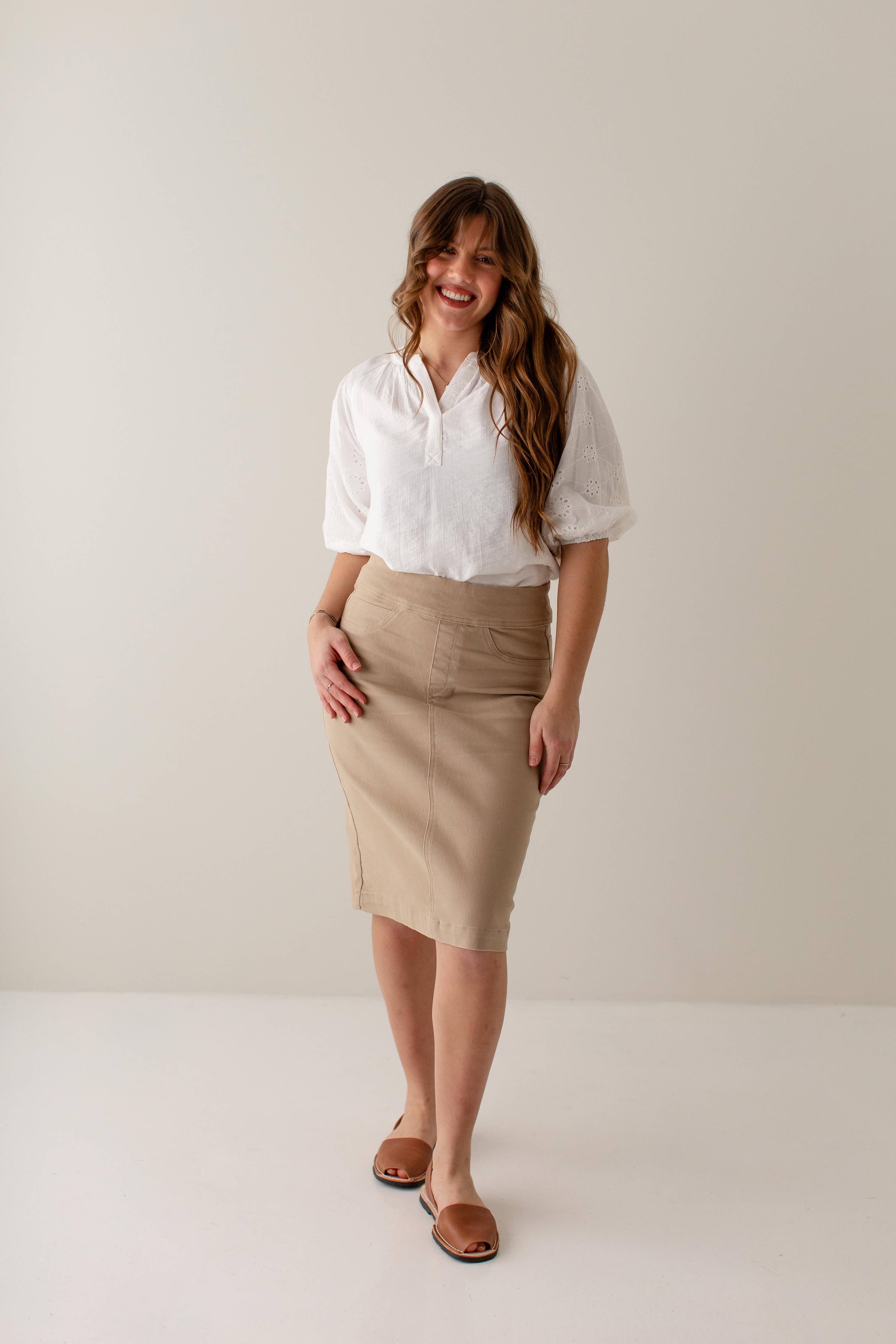 'Sara' Stretch Denim Skirt in Khaki