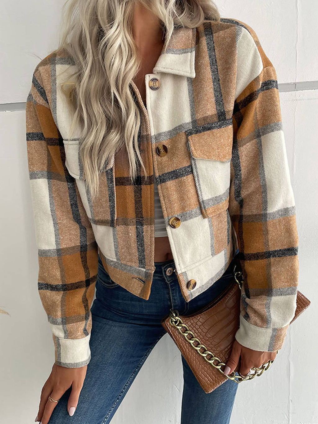 Short Plaid Lapel Jacket