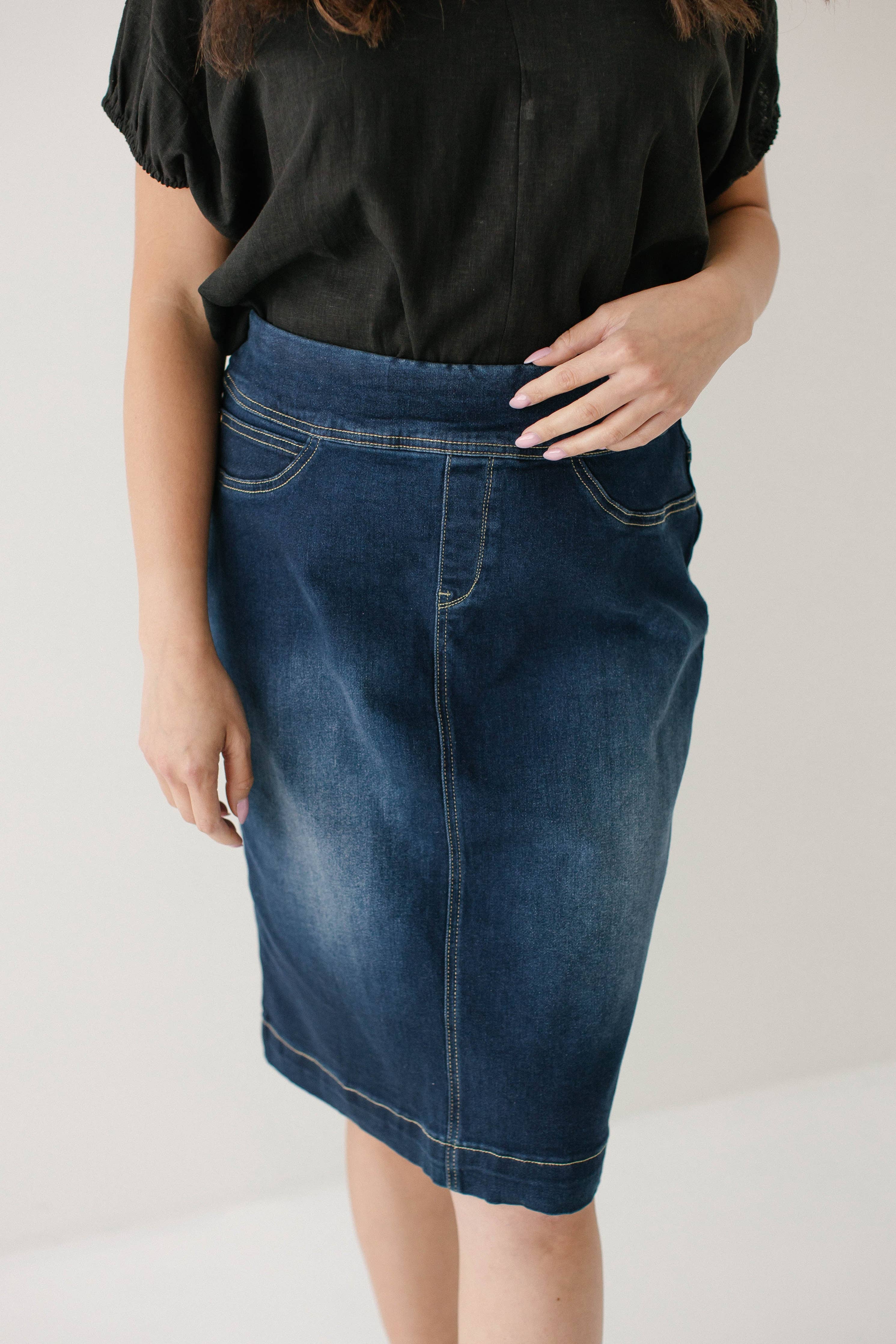 'Sara' Classic Knee Length Dark Denim Skirt
