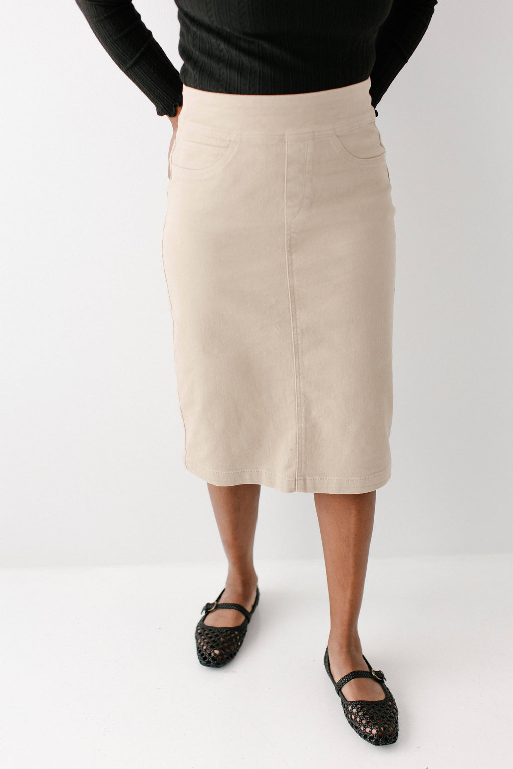 'Sara' Stretch Denim Skirt in Khaki
