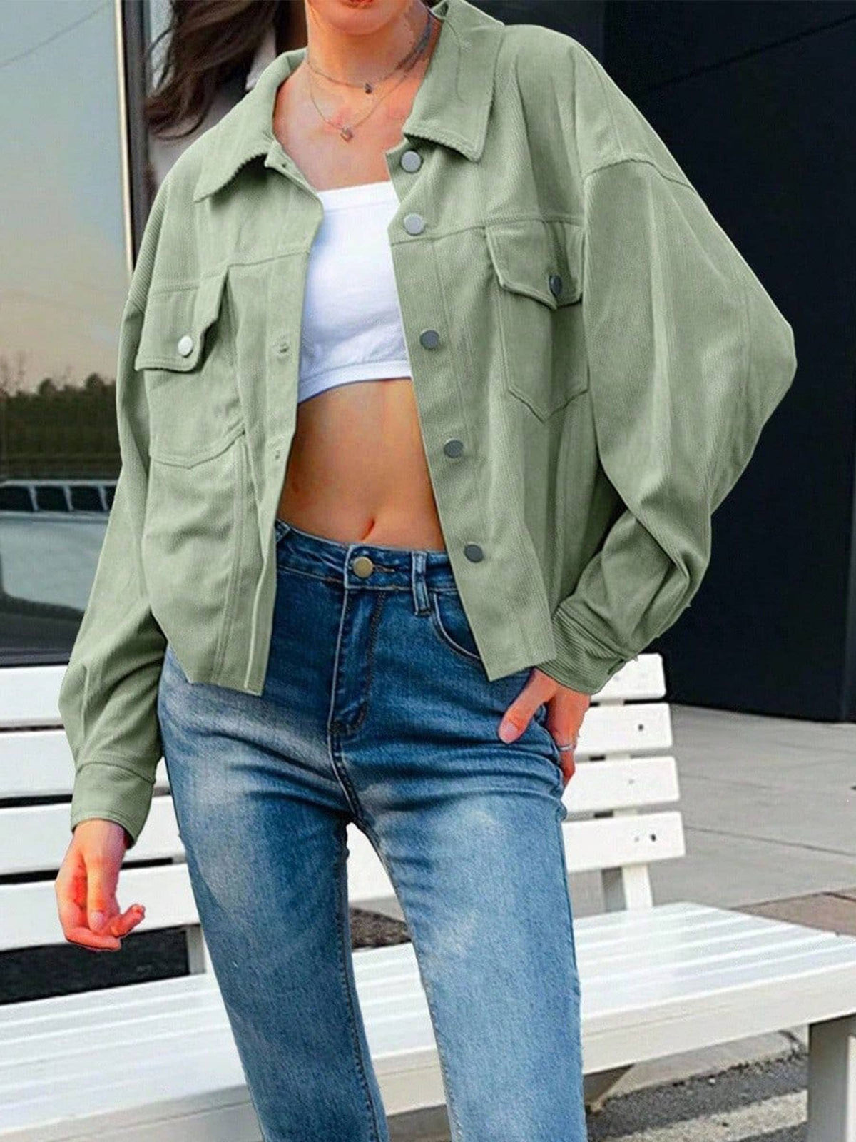Women Solid Corduroy Loose Shirt With Pockets