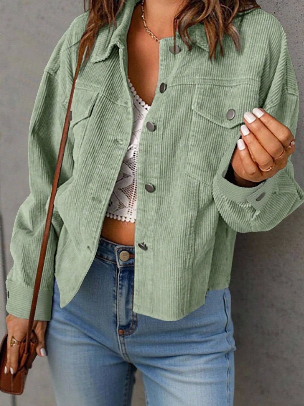 Women Solid Corduroy Loose Shirt With Pockets