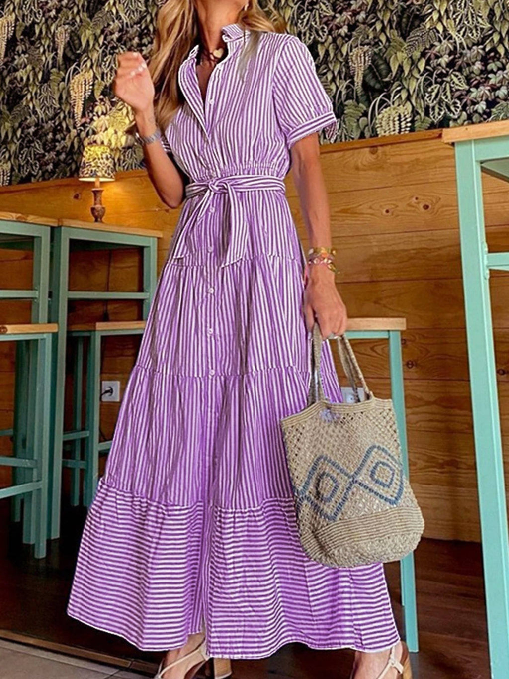 Fashion Striped Short Sleeved Loose Long Dress