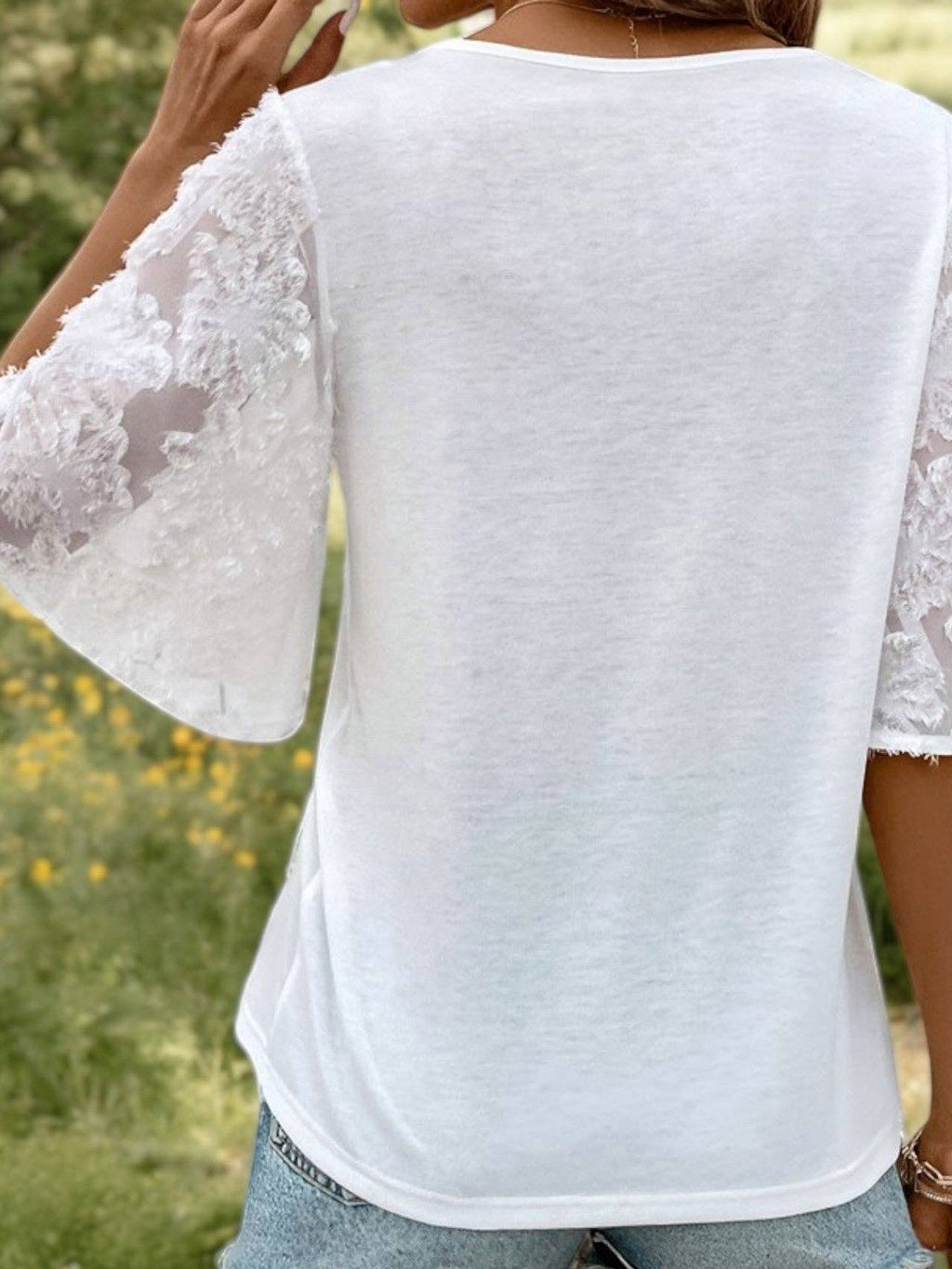 Short Sleeve V-Neck Blouse with Lace Sleeves and Relaxed Fit