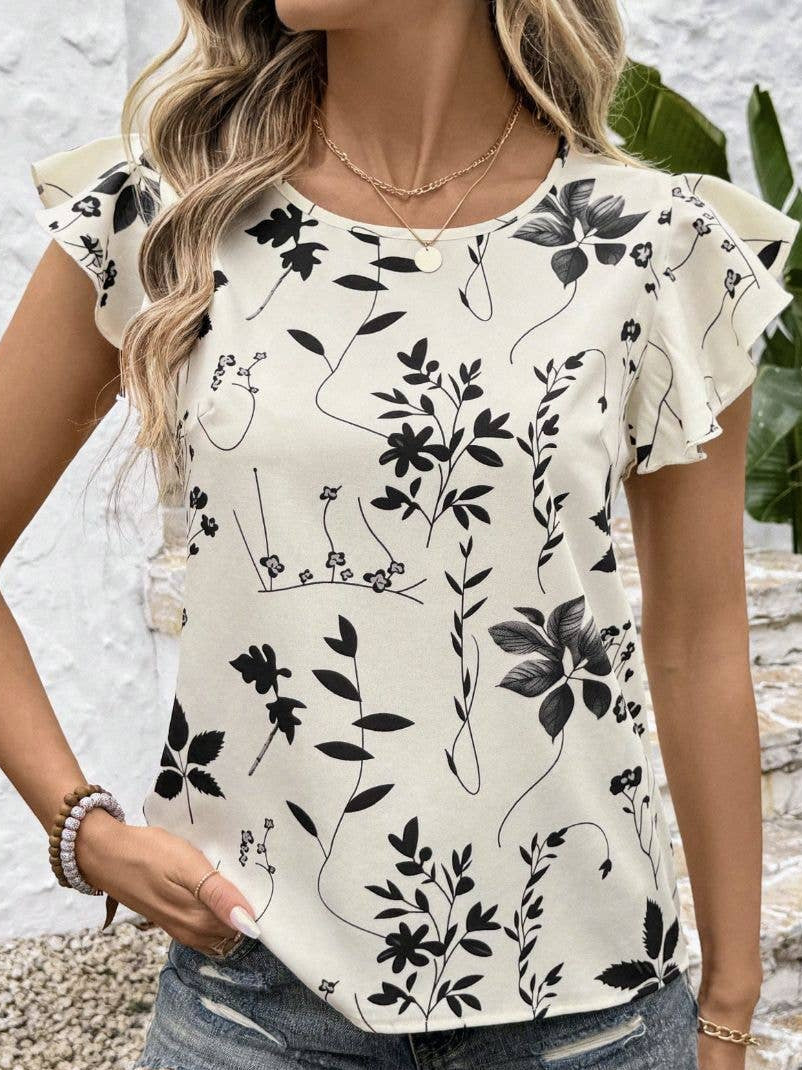 Floral Print Ruffle Sleeve Crew Neck Blouse Top