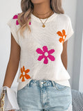 Floral Knit Sleeveless Sweater Top with Ribbed Trim