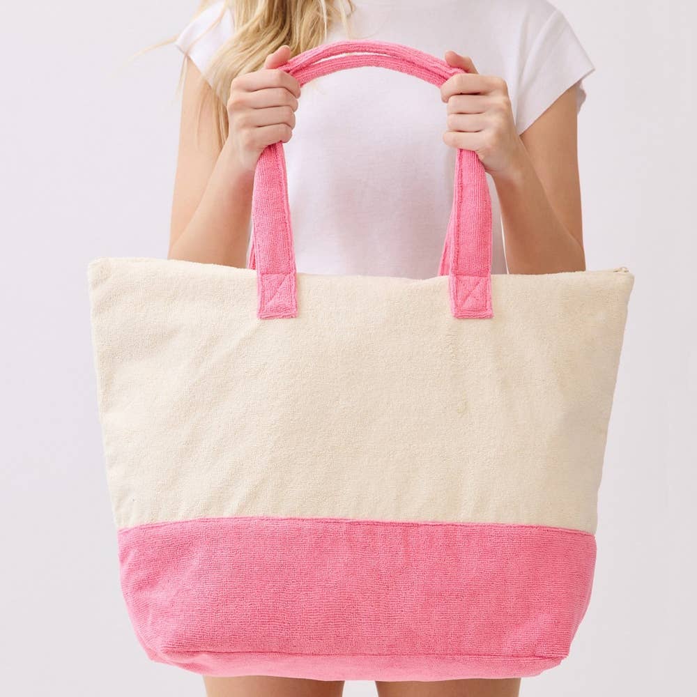 Hello Summer Pink Flamingo Terry Tote Bag
