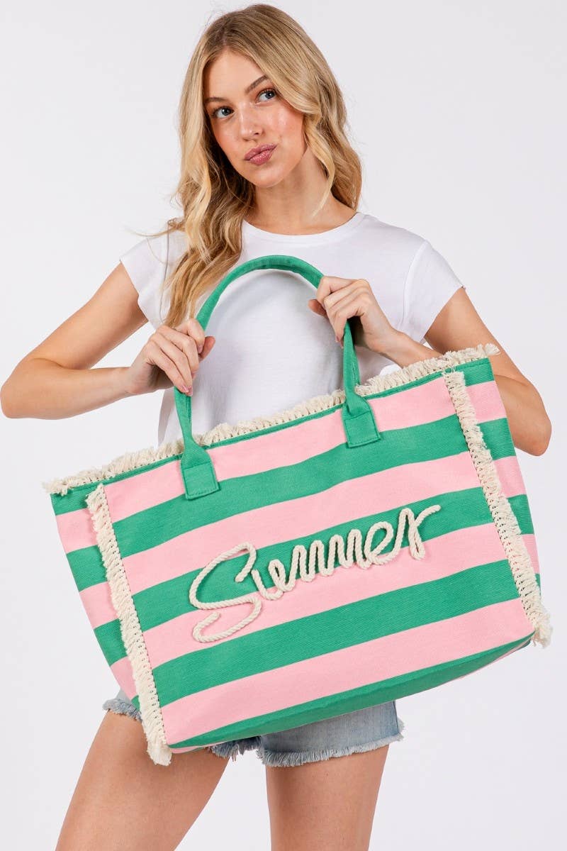 Striped Fringe Trim Summer Print Tote Bag