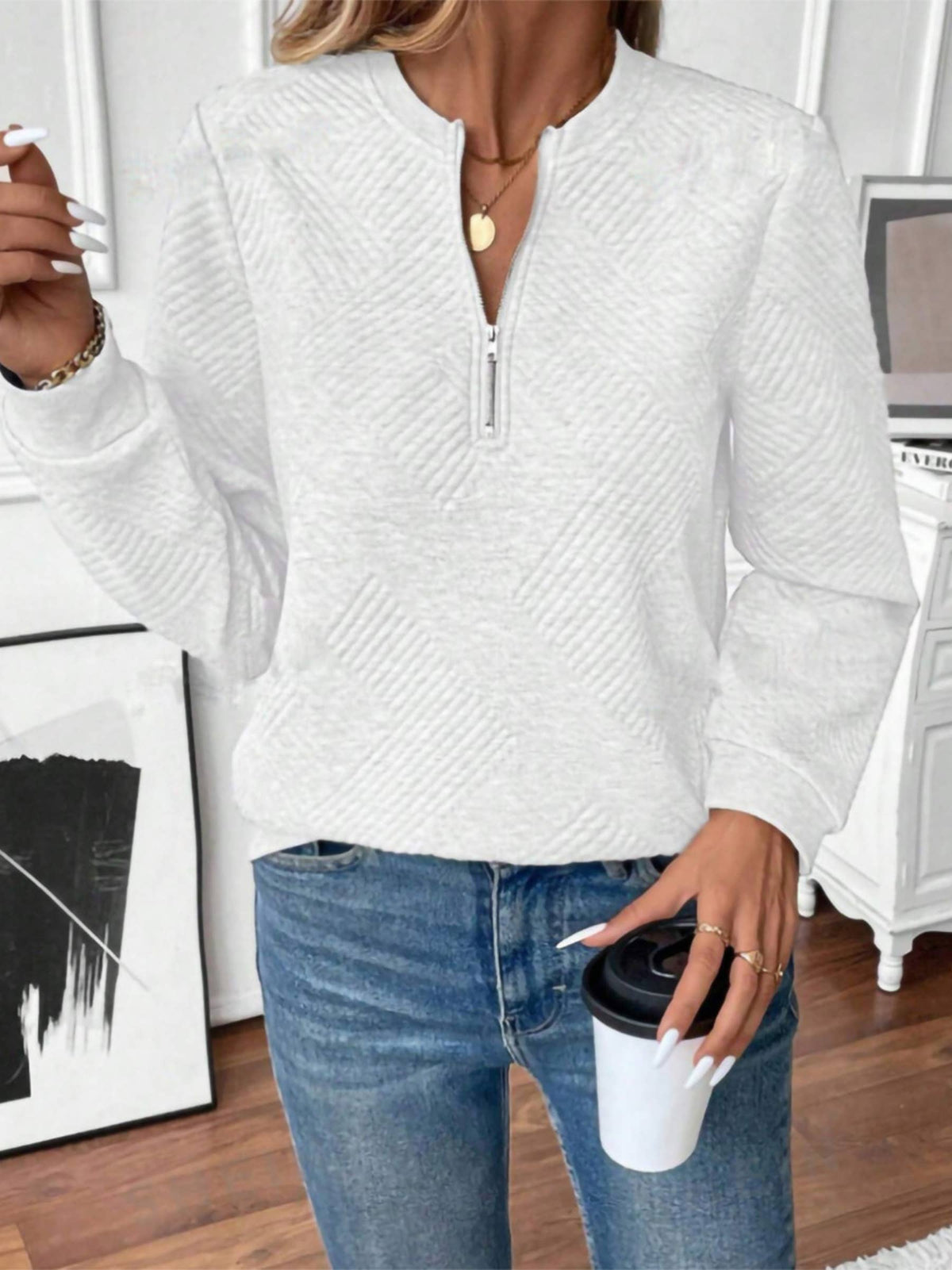 Solid Color Half Zip Long Sleeved Loose Sweatshirt