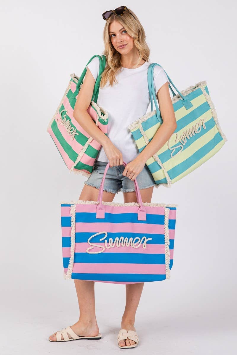 Striped Fringe Trim Summer Print Tote Bag