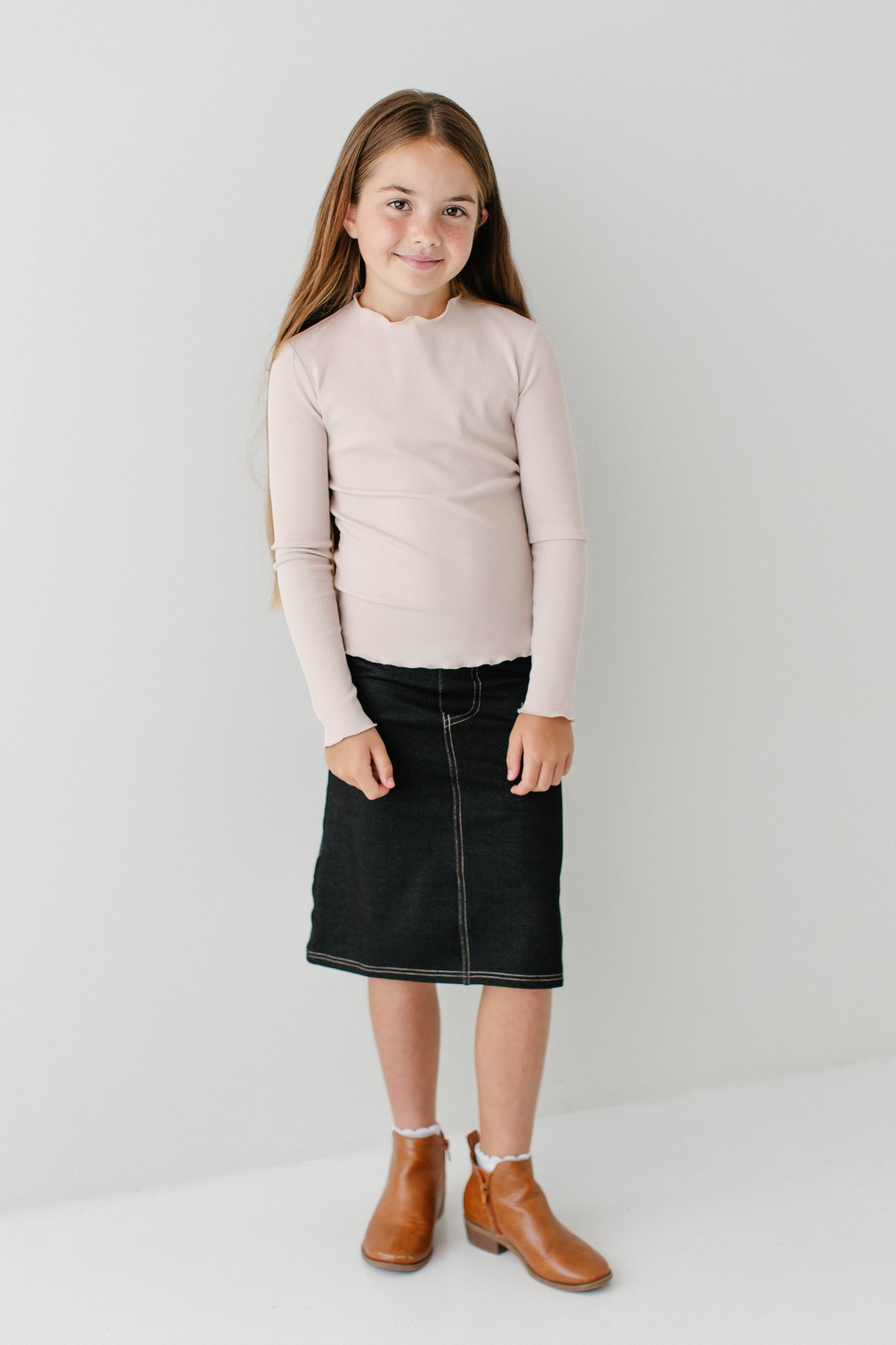 'Piper' Girl Knit Denim Skirt in Black