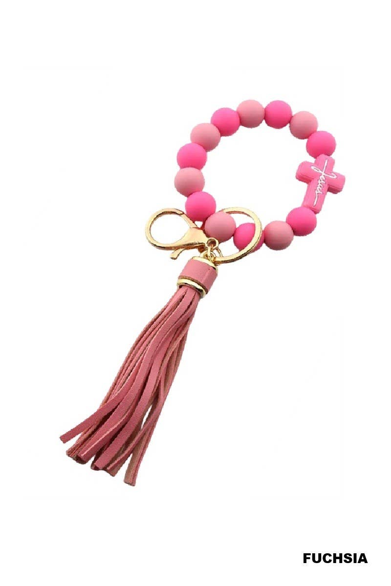 Jesus Cross Silicone Beaded Wristlet Keychain
