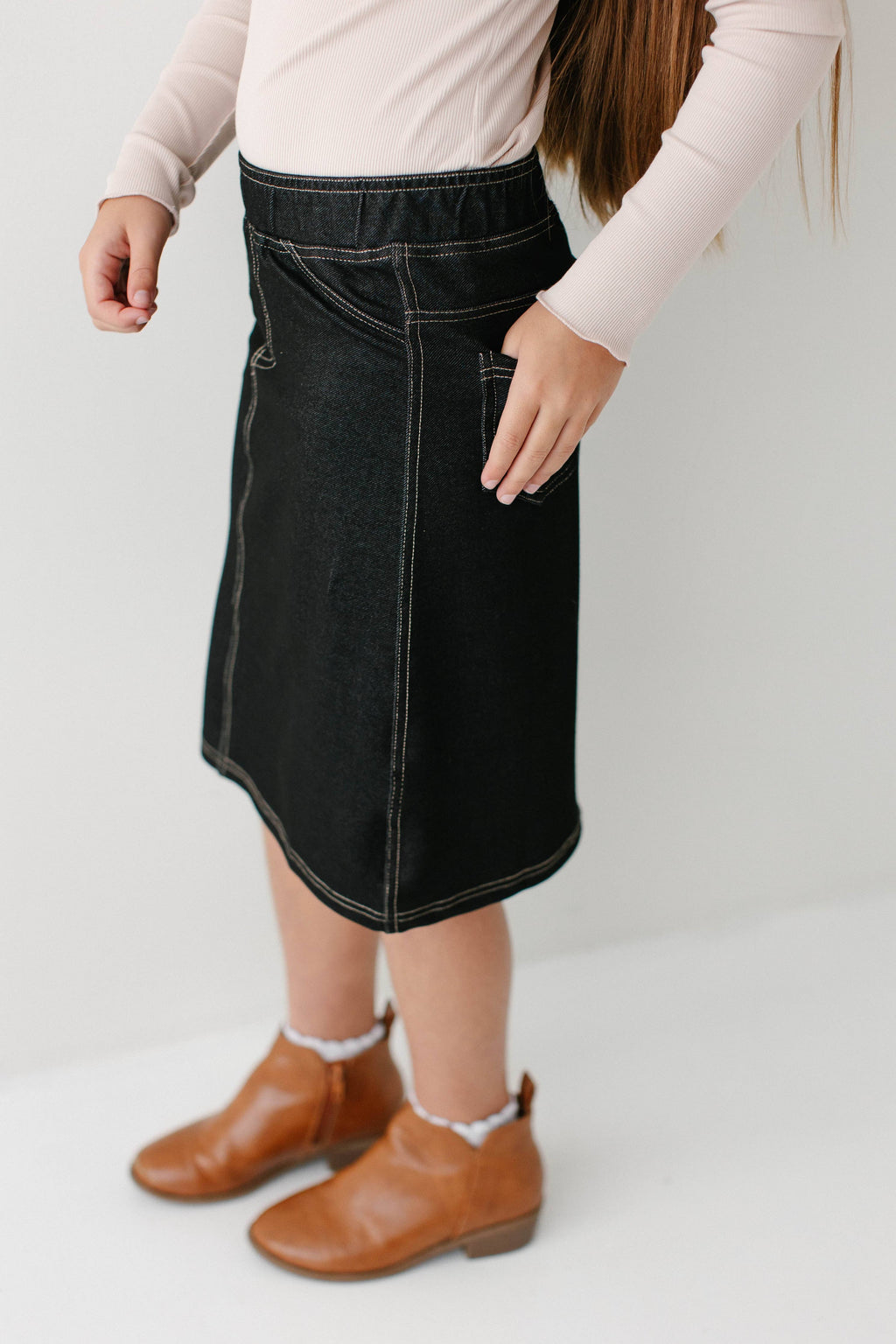 'Piper' Girl Knit Denim Skirt in Black