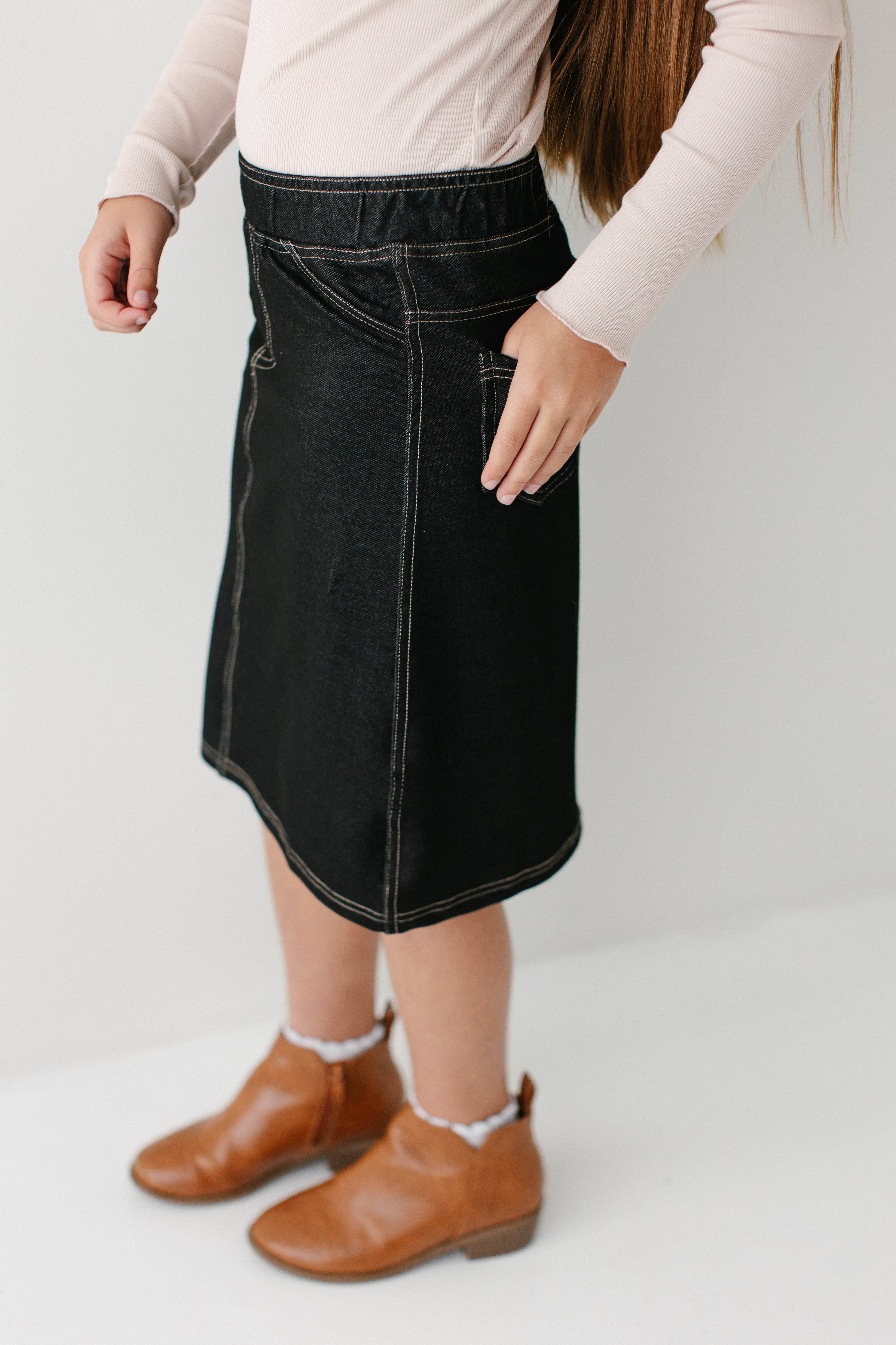'Piper' Girl Knit Denim Skirt in Black