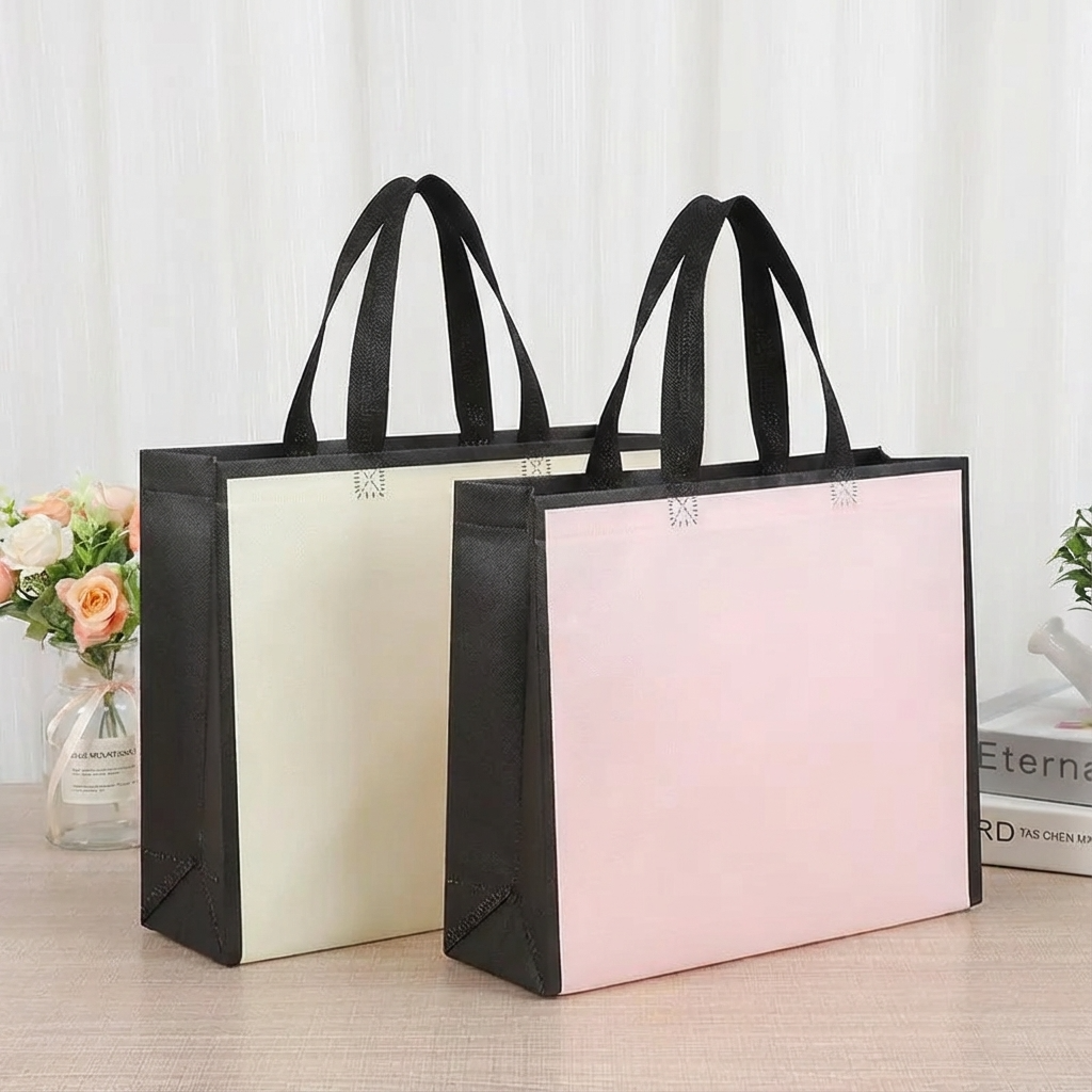 50pcs, 3 Sizes Light Pink w/ Black Border Non-woven Gift Bag