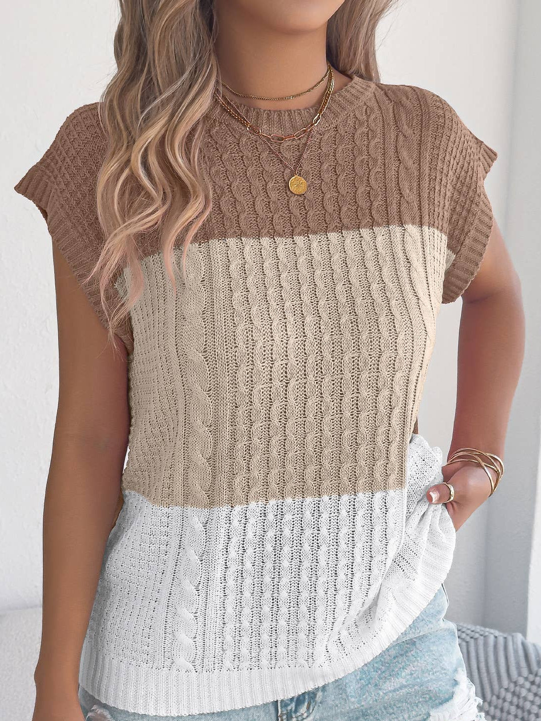Color Block Cable Knit Short Sleeve Pullover Top
